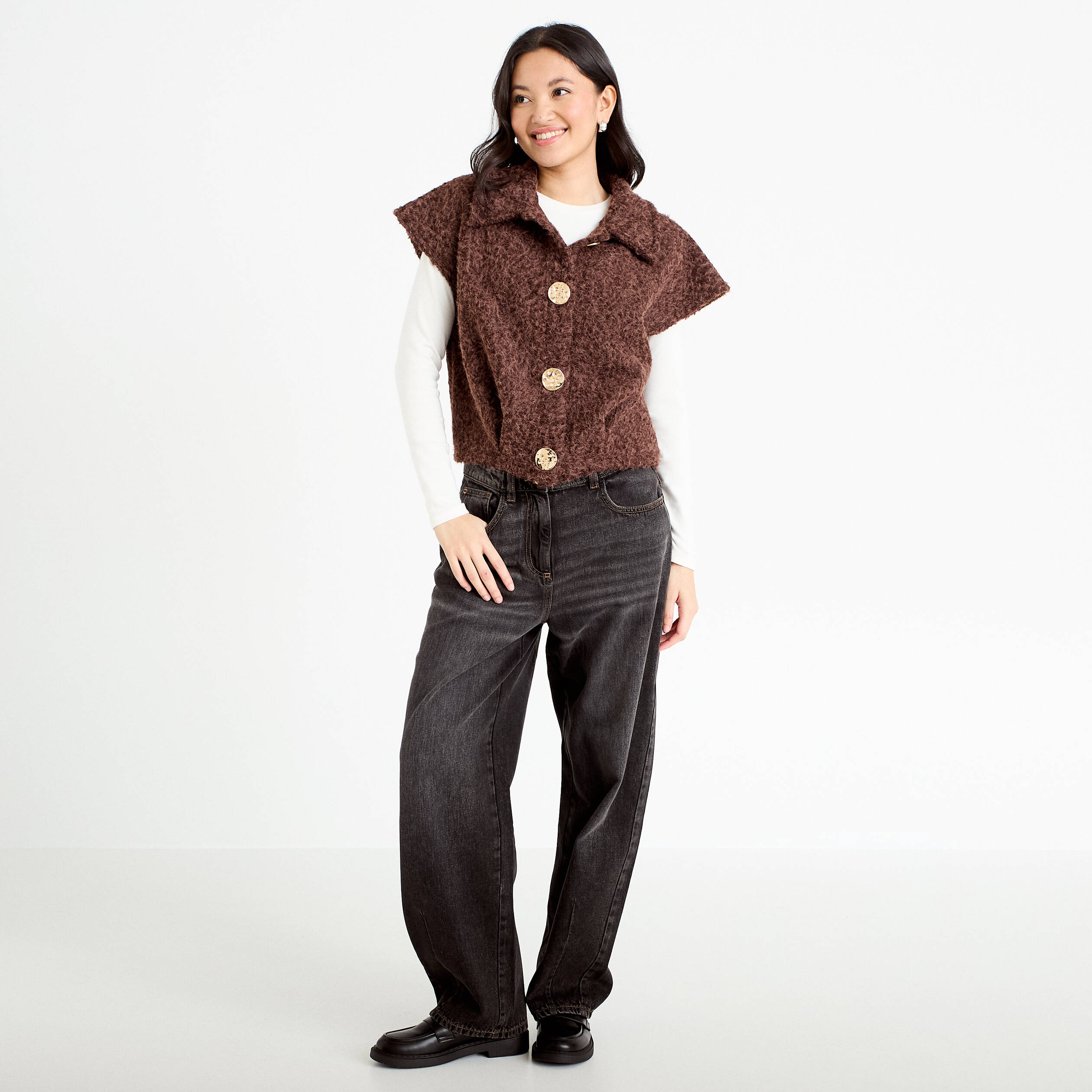 Veste sans manches bouclette col rond marron clair femme