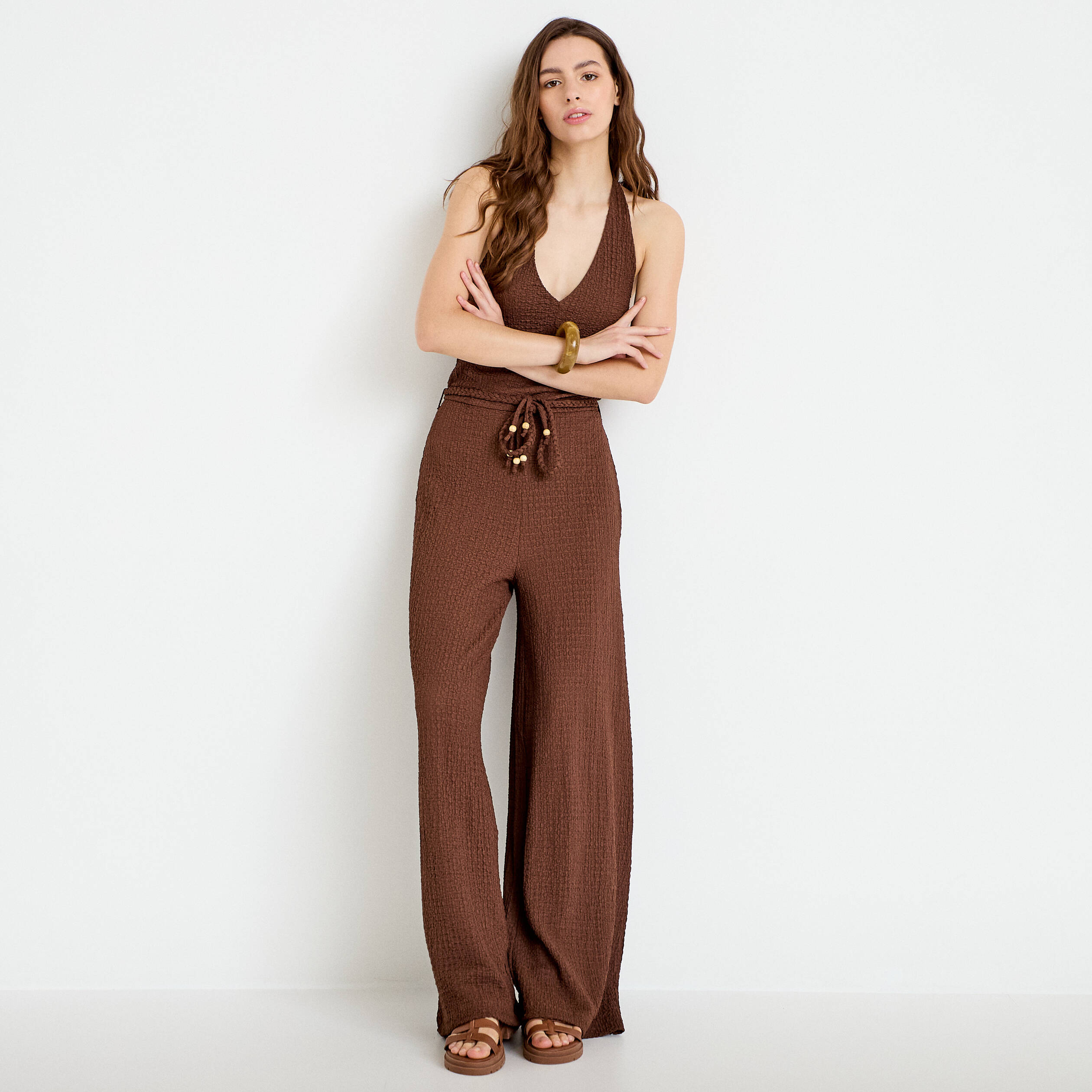 Combinaison large sans manches col v marron femme