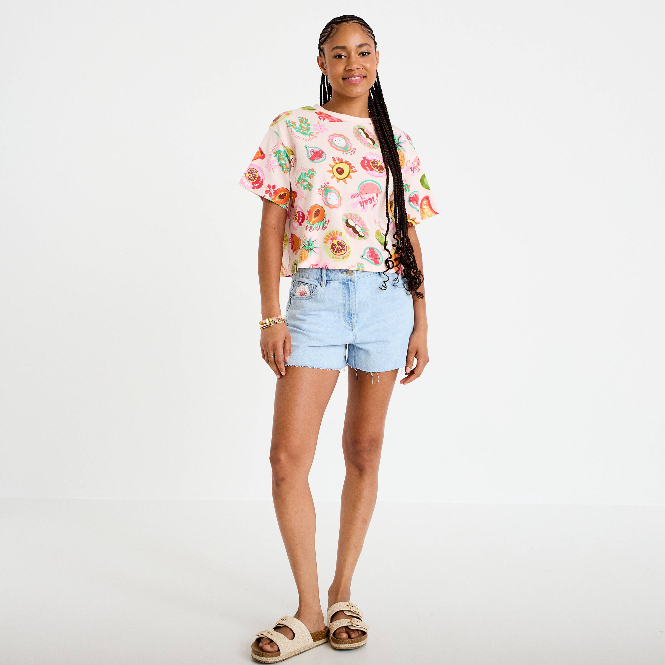 T-shirt droit cropped manches courtes beige femme