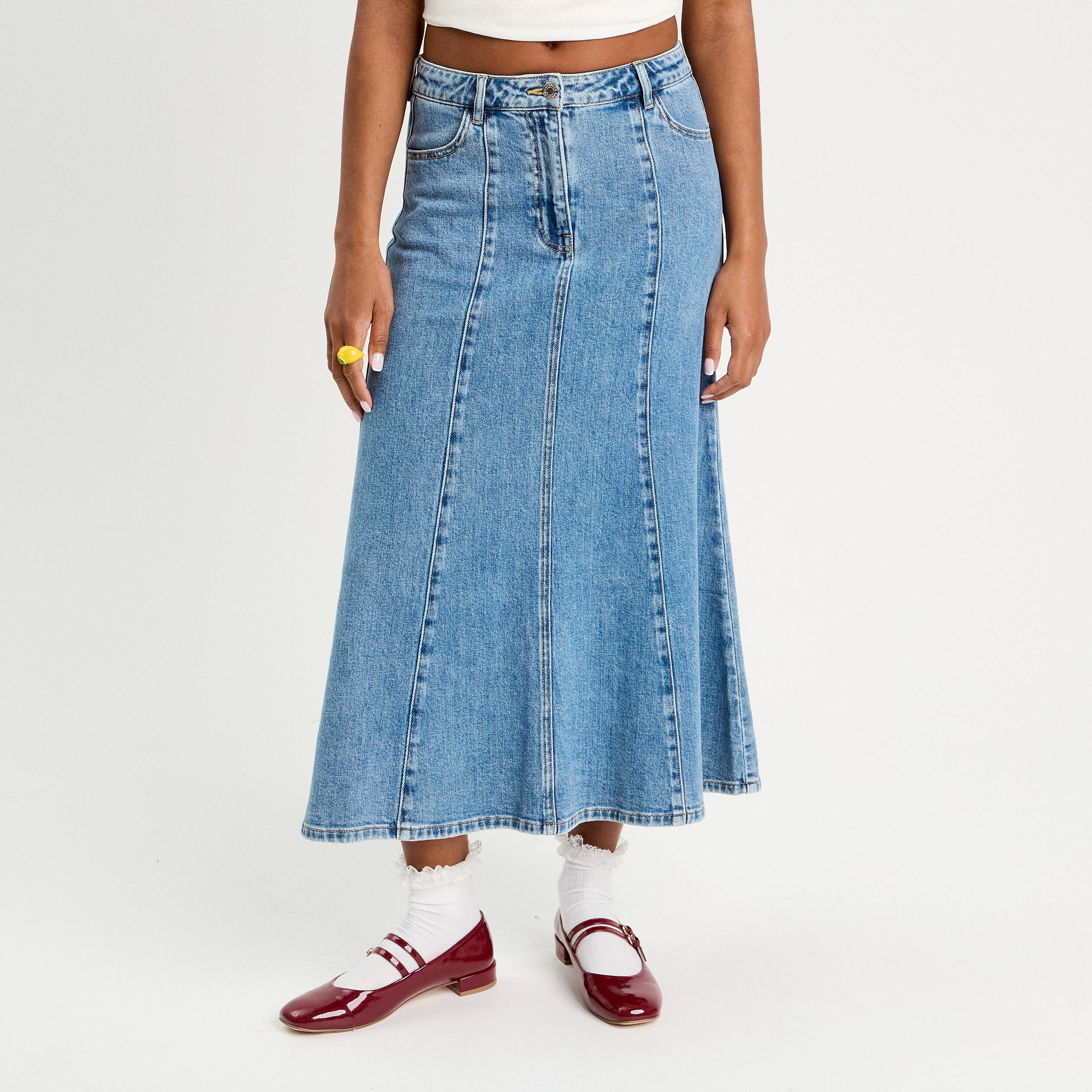 jupe midi trapeze en jean denim double stone femme Jupe midi trapèze en jean denim double stone femme