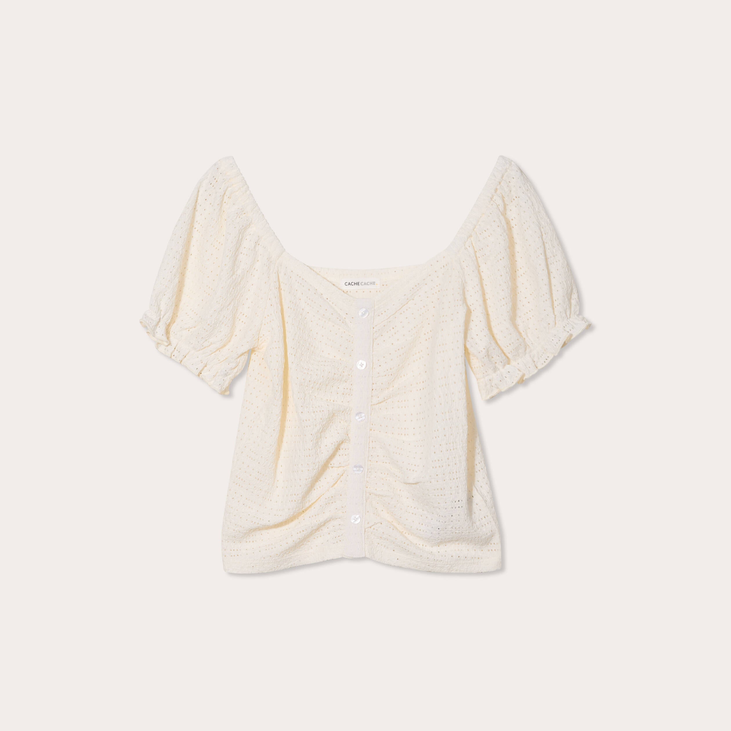 Blouse ajour&eacute;e manches courtes ecru femme