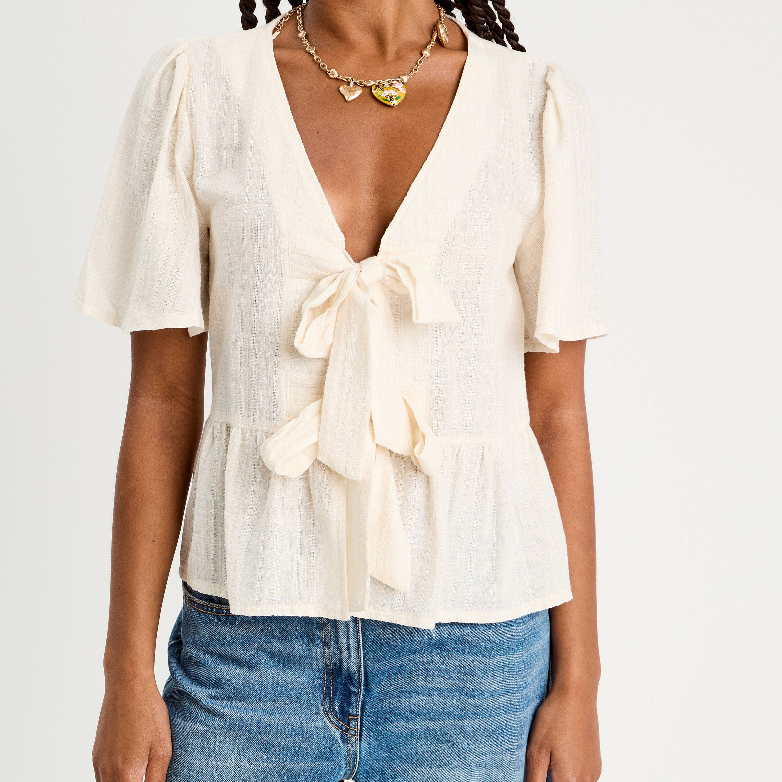 blouse manches courtes noeuds ecru femme Blouse manches courtes noeuds ecru femme