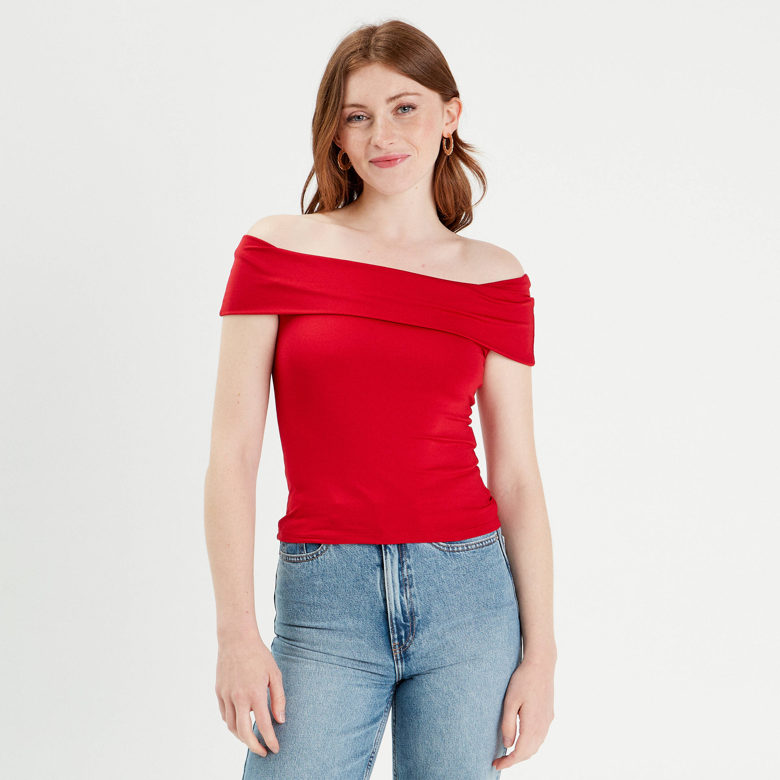 t shirt col bardot rouge femme T-shirt col bardot rouge femme