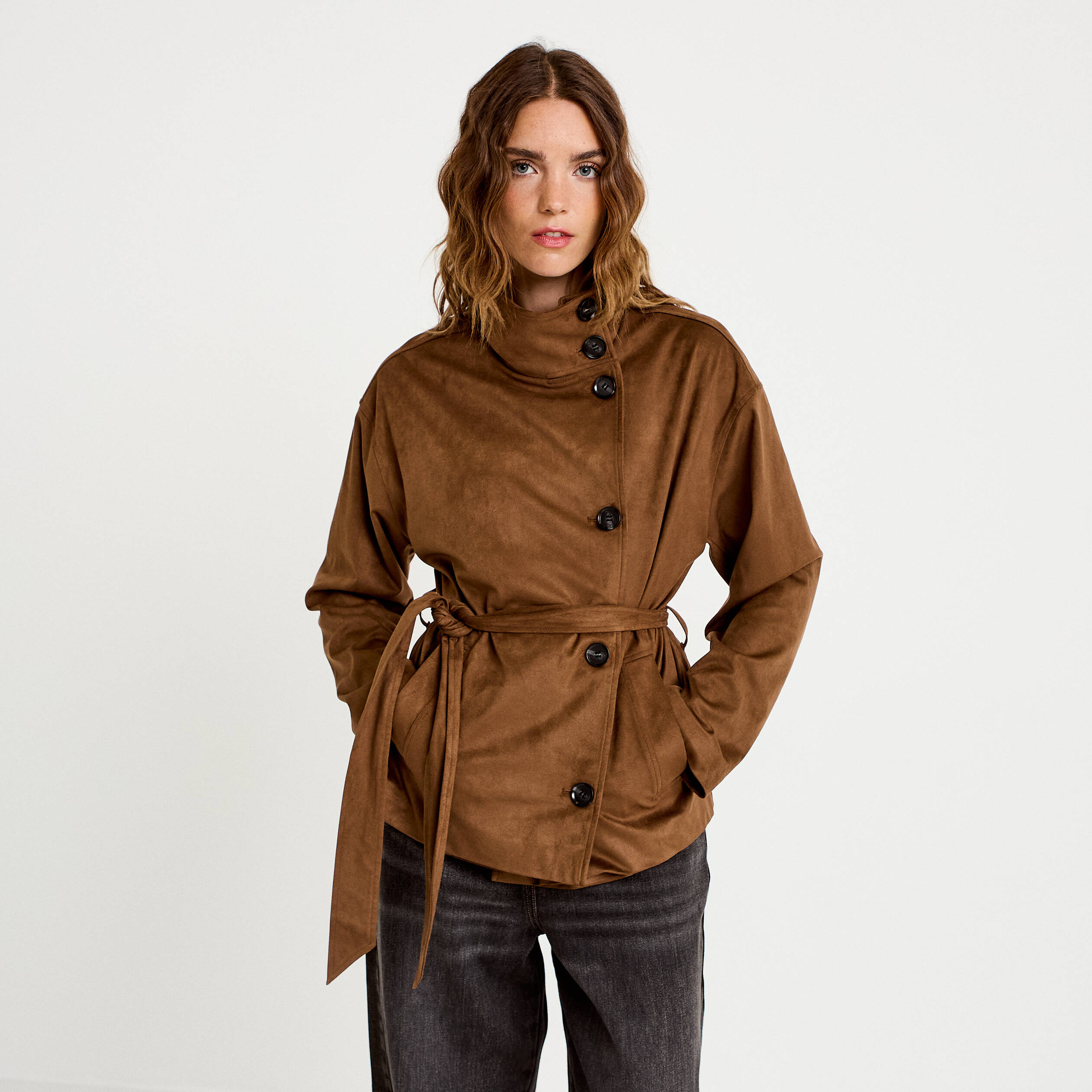 Caban droit col montant aspect daim marron femme