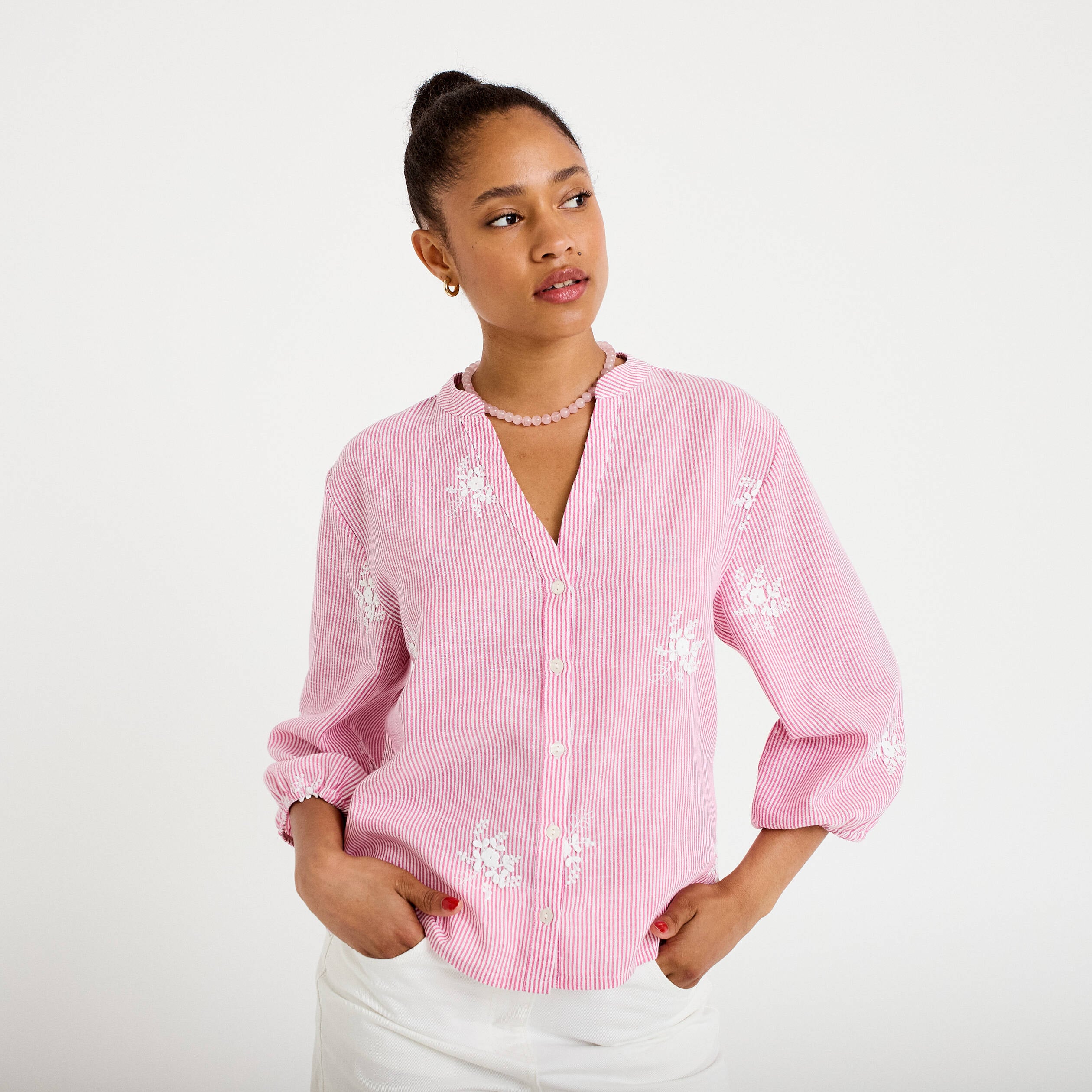 Blouse col tunisien rose femme