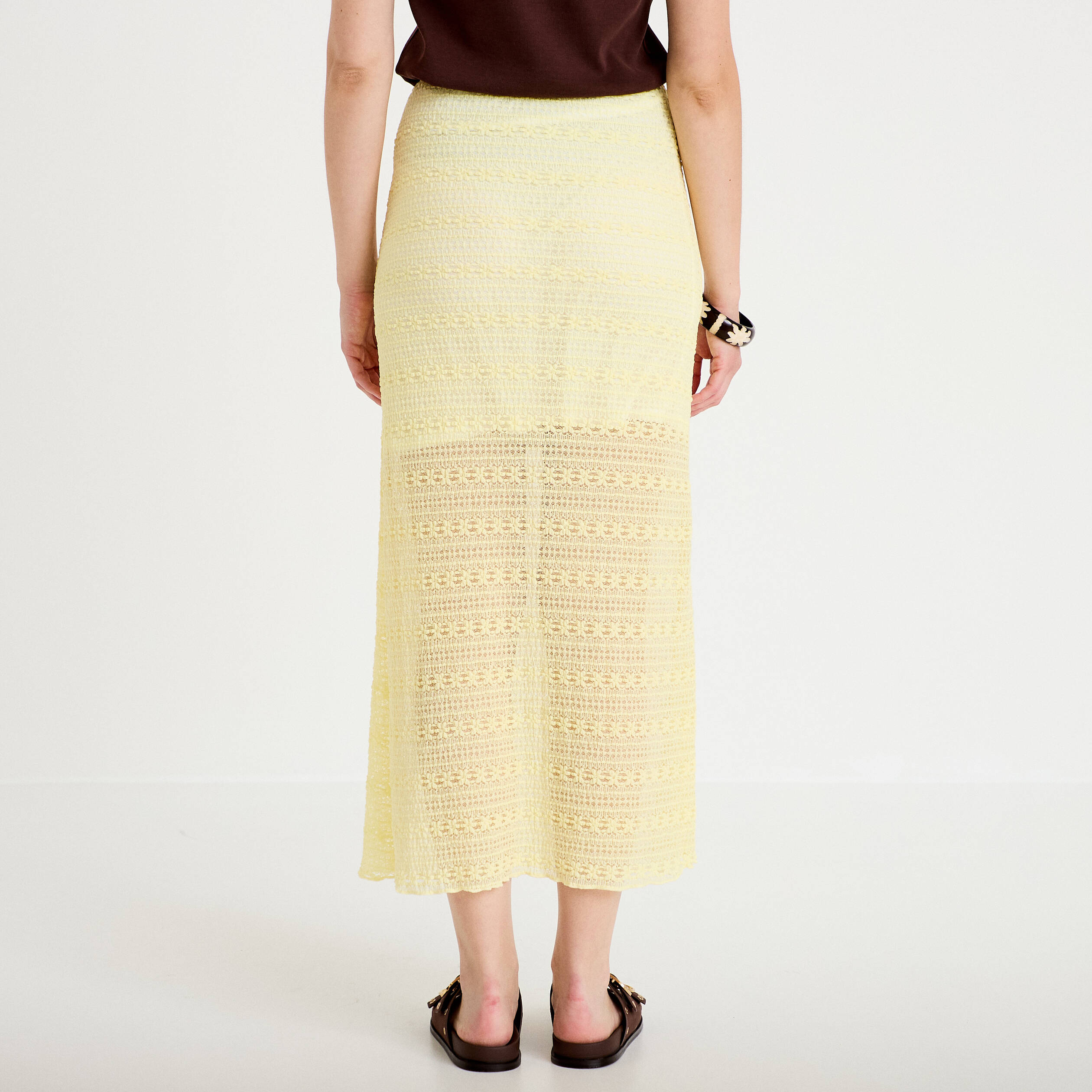 Jupe longue droite en dentelle jaune clair femme