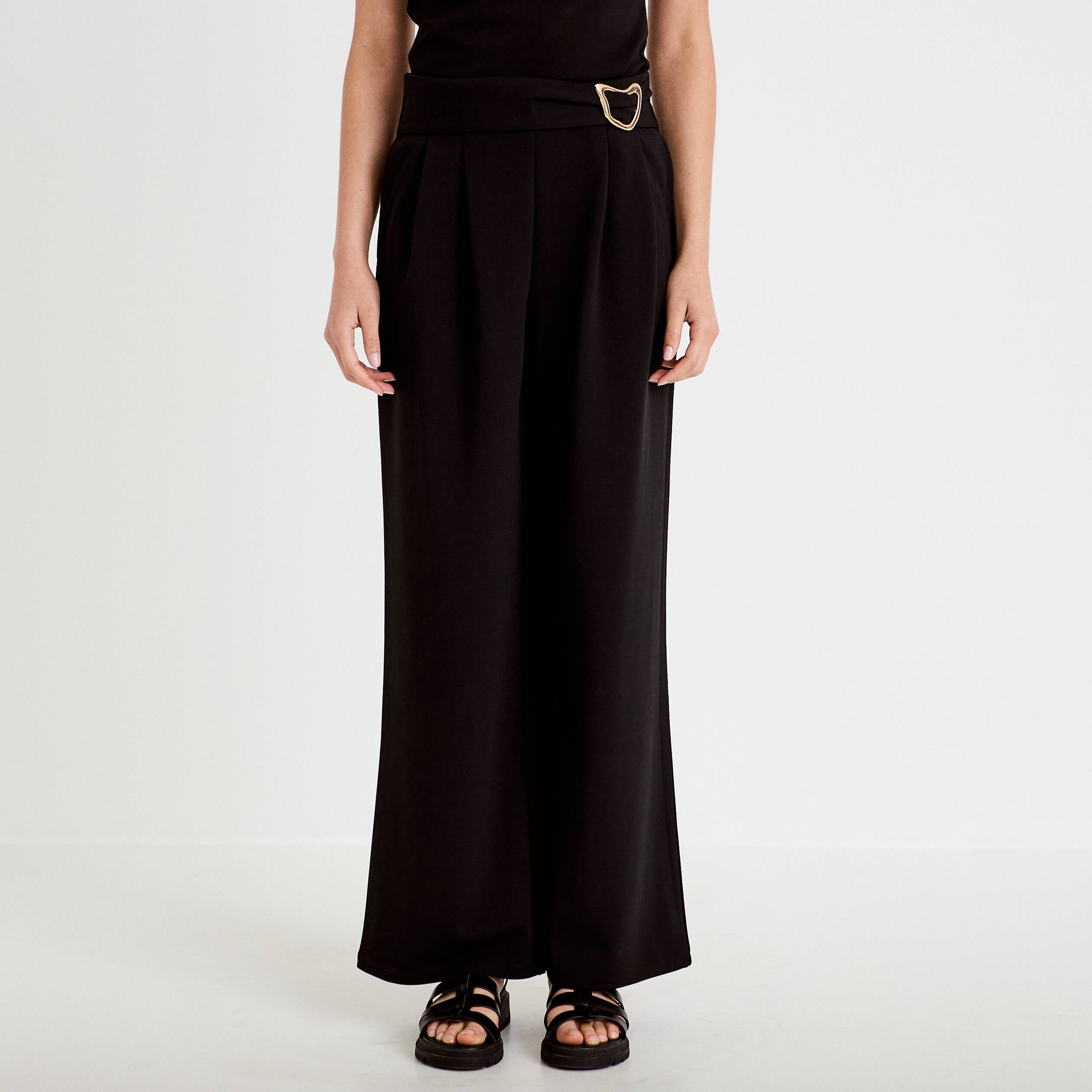 Pantalon large avec ceinture &agrave; bijou noir femme