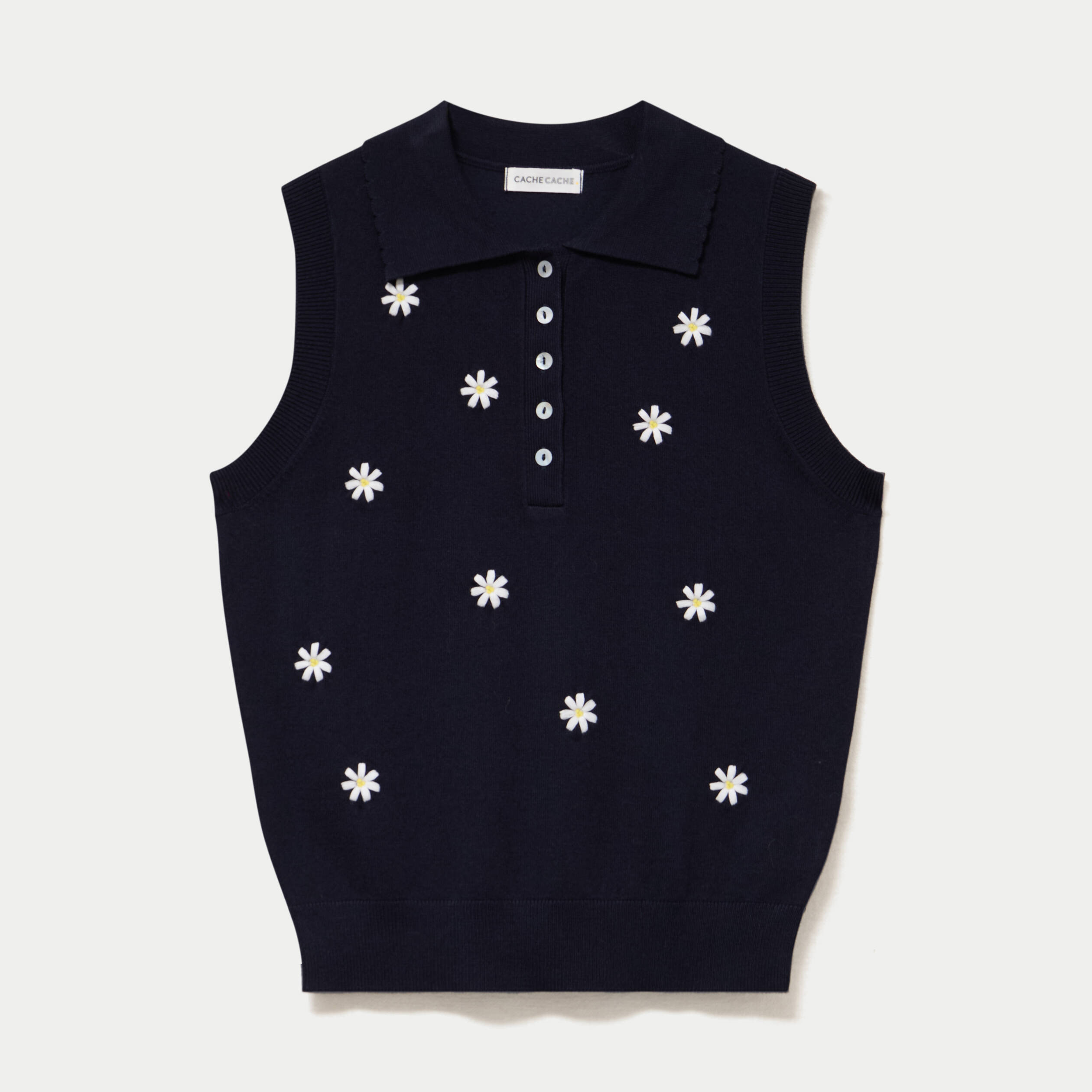 Polo sans manches col chemise brod&eacute; bleu marine femme