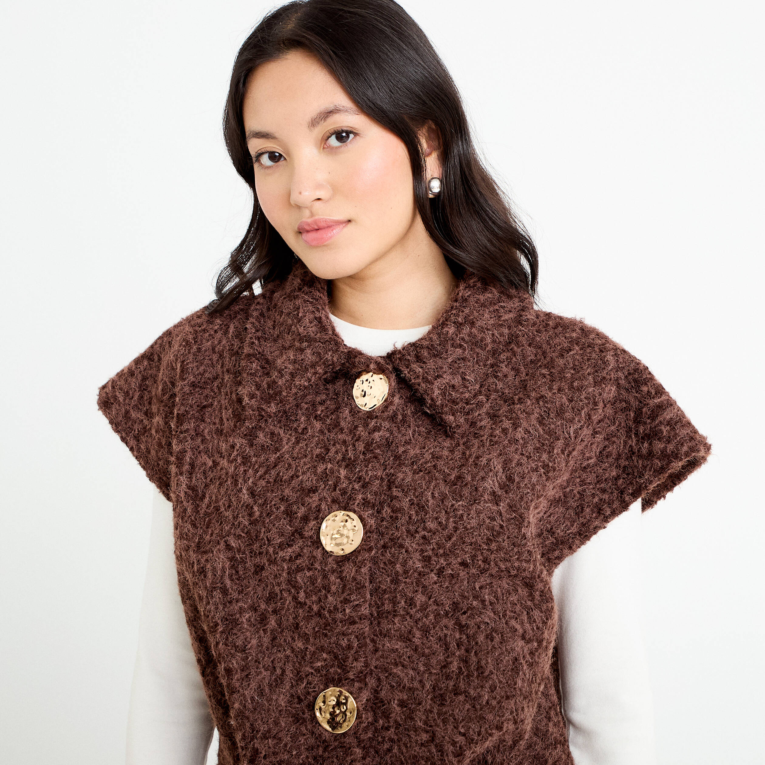 Veste sans manches bouclette col rond marron clair femme