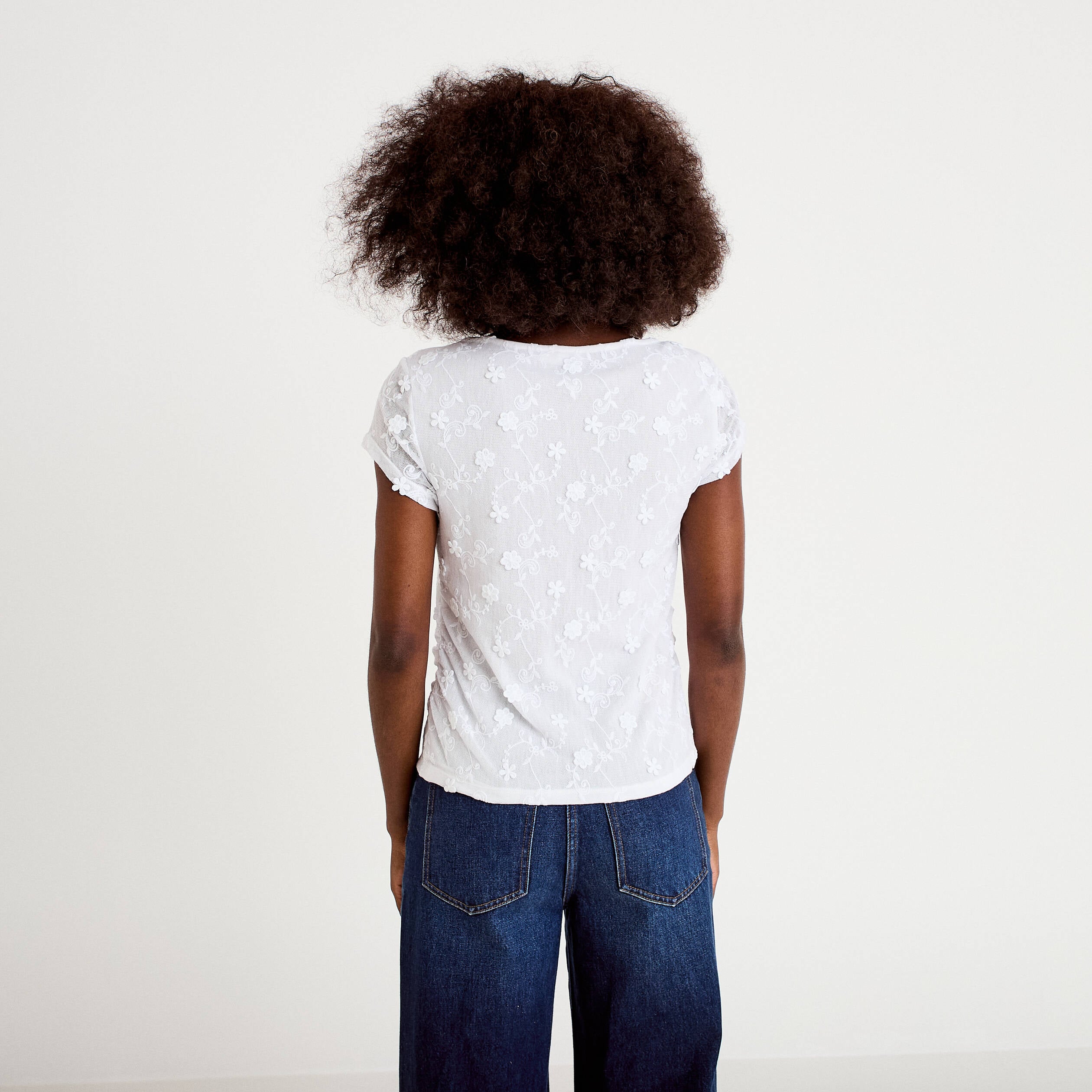 T-shirt ajust&eacute; col rond dentelle blanc femme