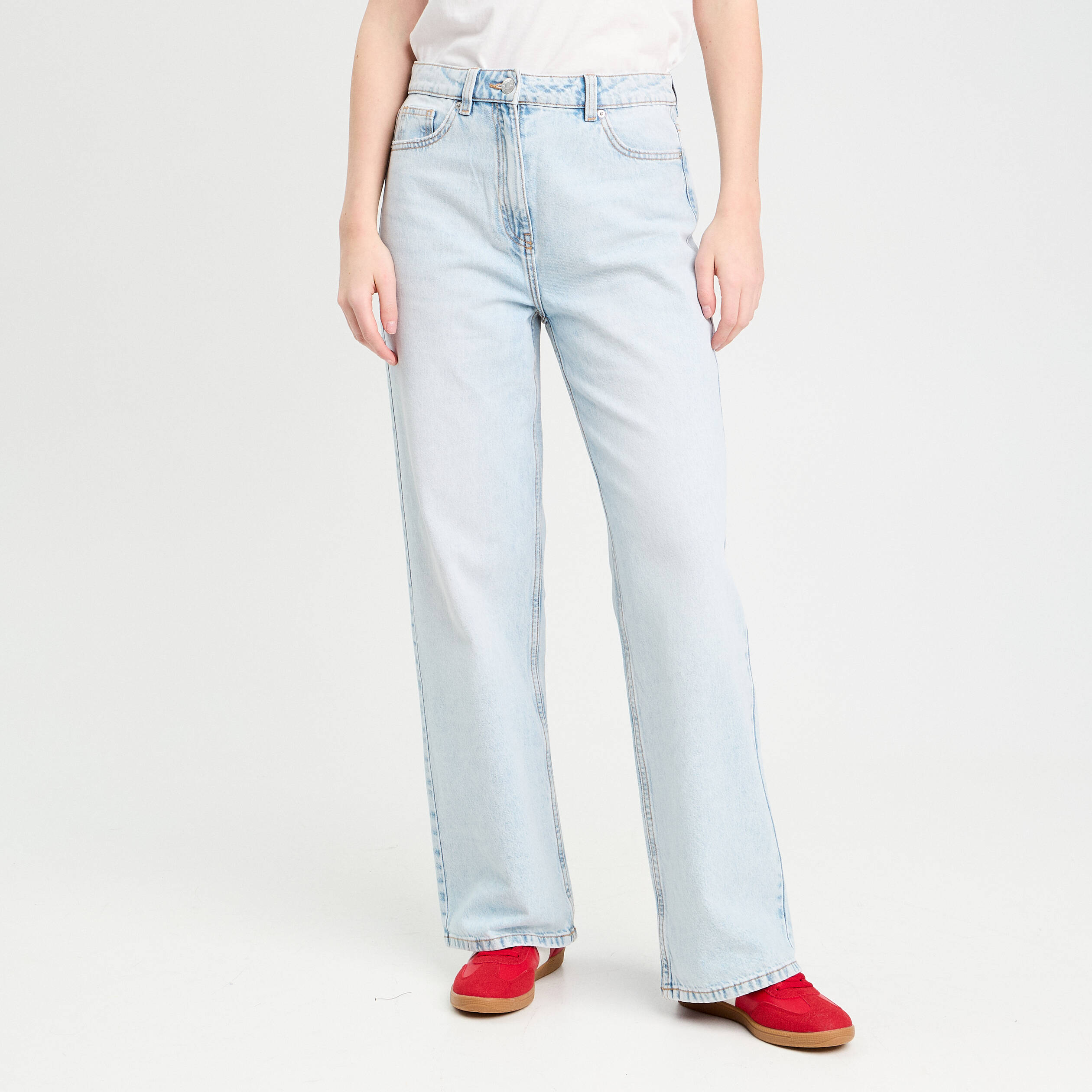 Jeans large 5 poches denim bleach femme