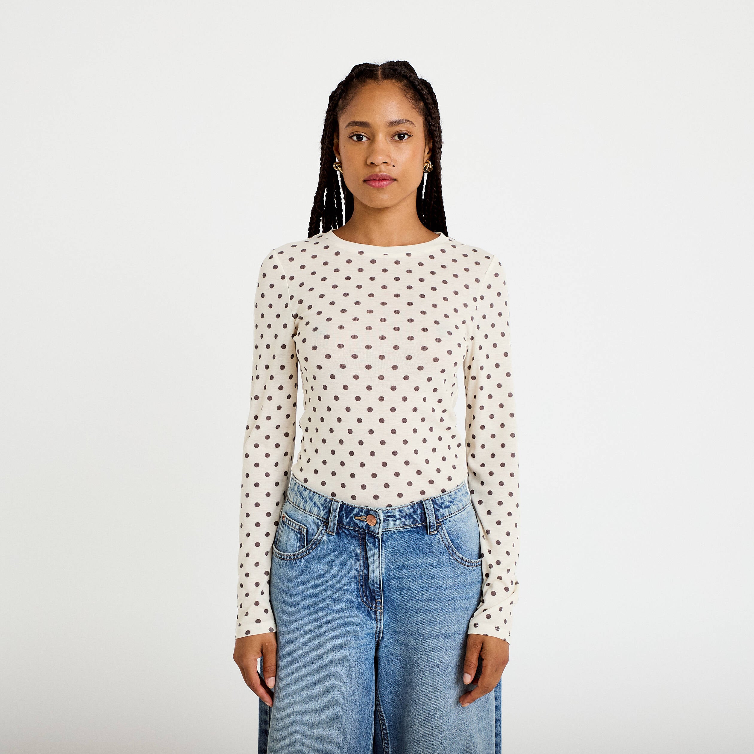 T-shirt ajust&eacute; col rond manches longues ivoire femme