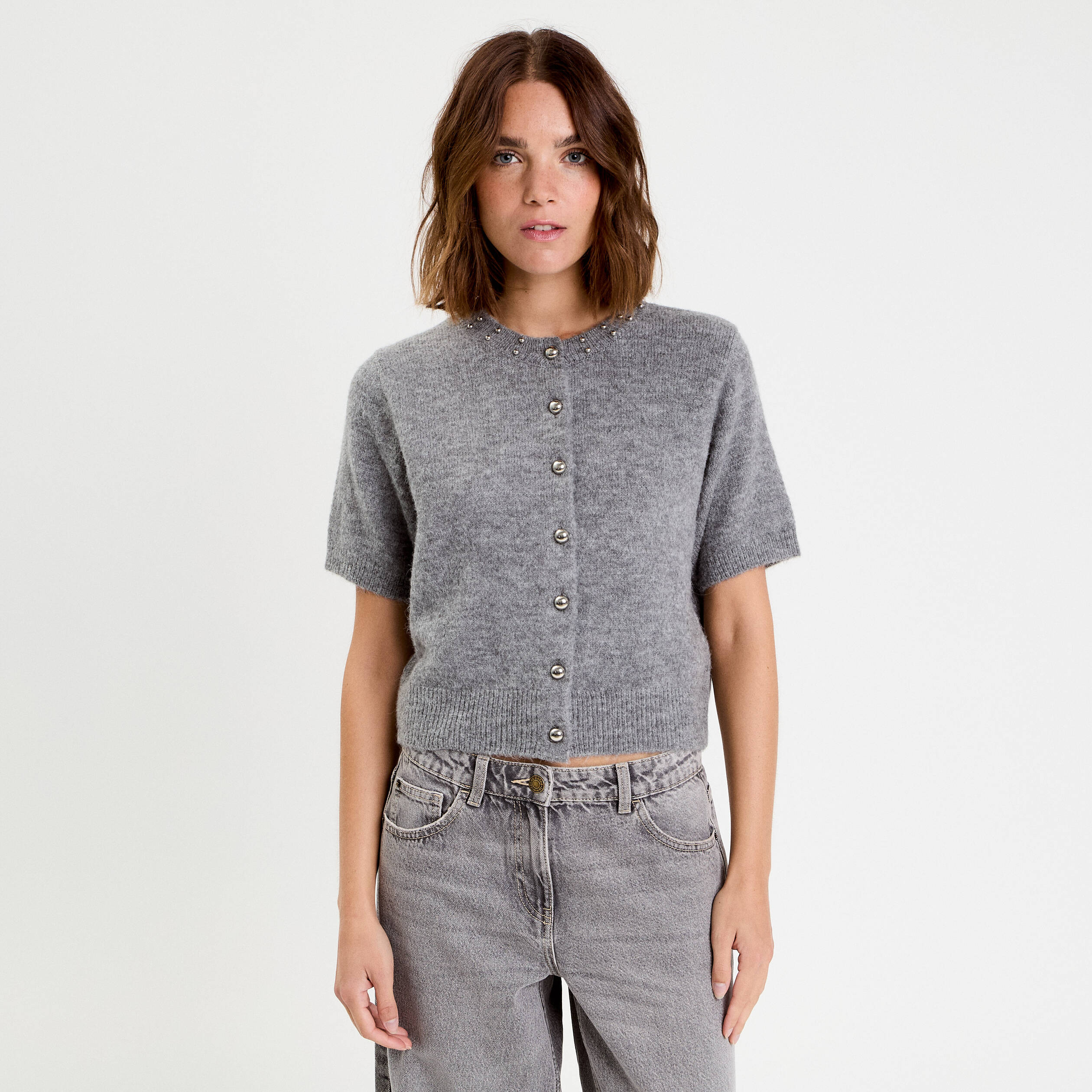 Gilet &agrave; d&eacute;tails de perles gris femme