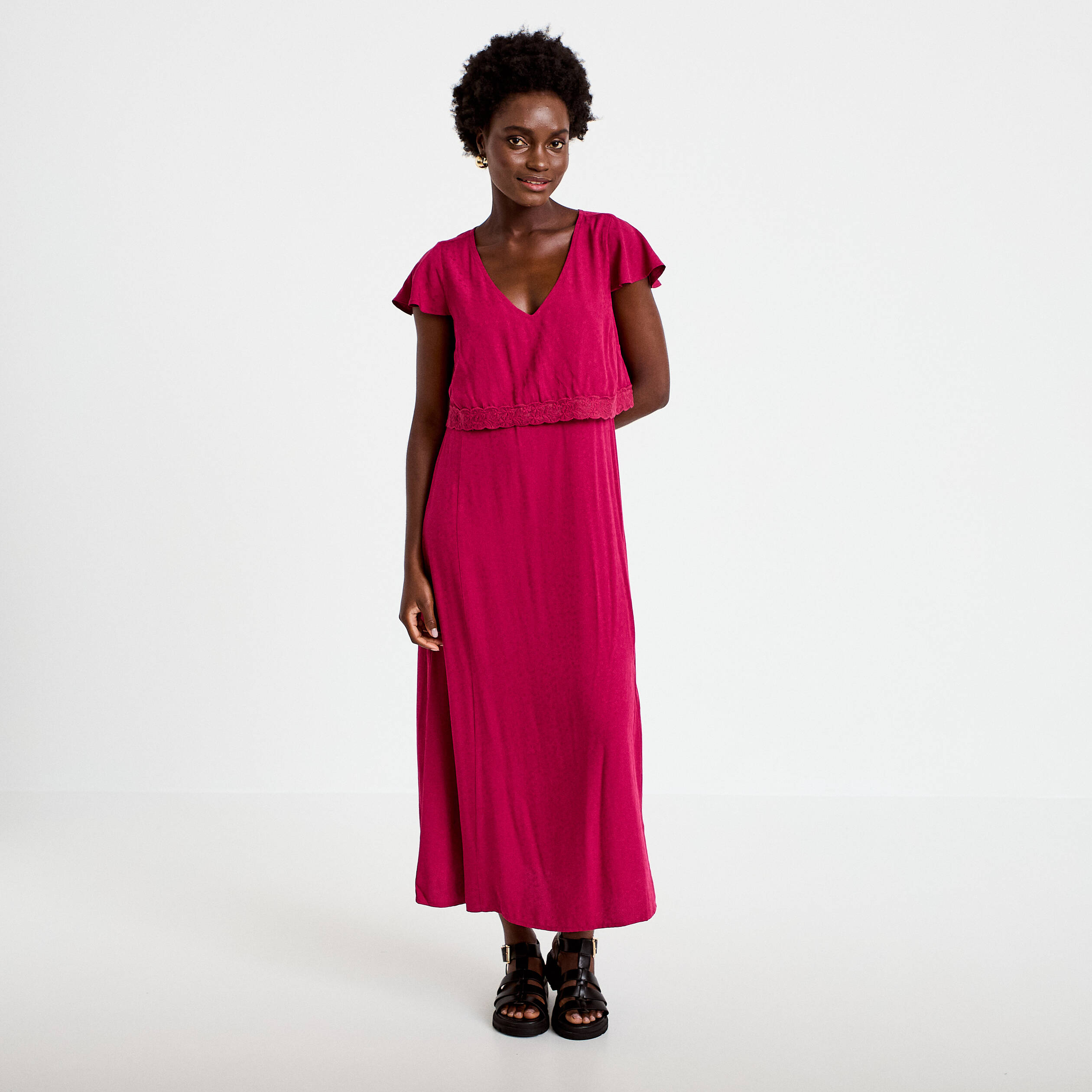 Robe longue droite col v manches courtes rouge femme