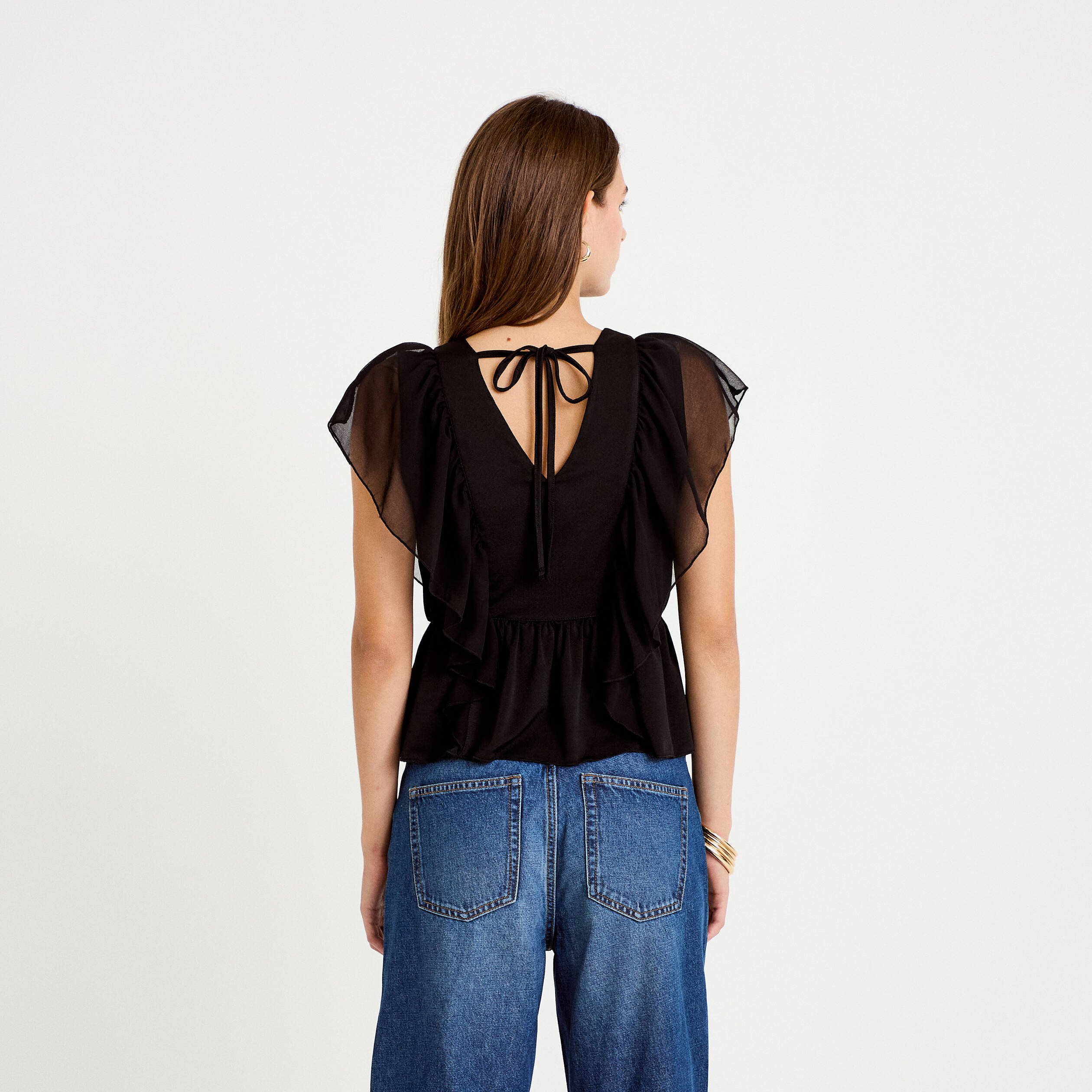 Blouse d&eacute;collet&eacute; voile manches courtes noir femme