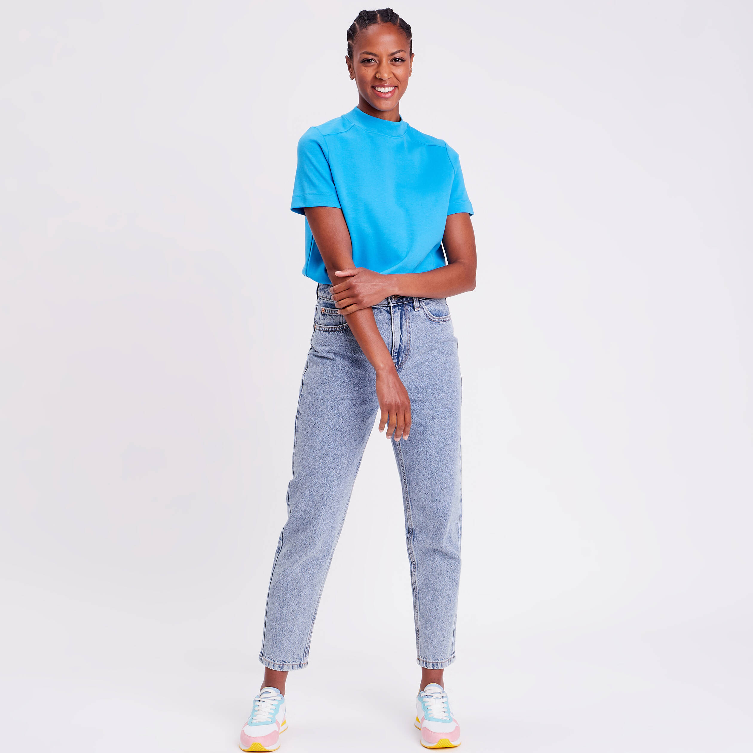 Jeans mom taille haute denim bleach femme
