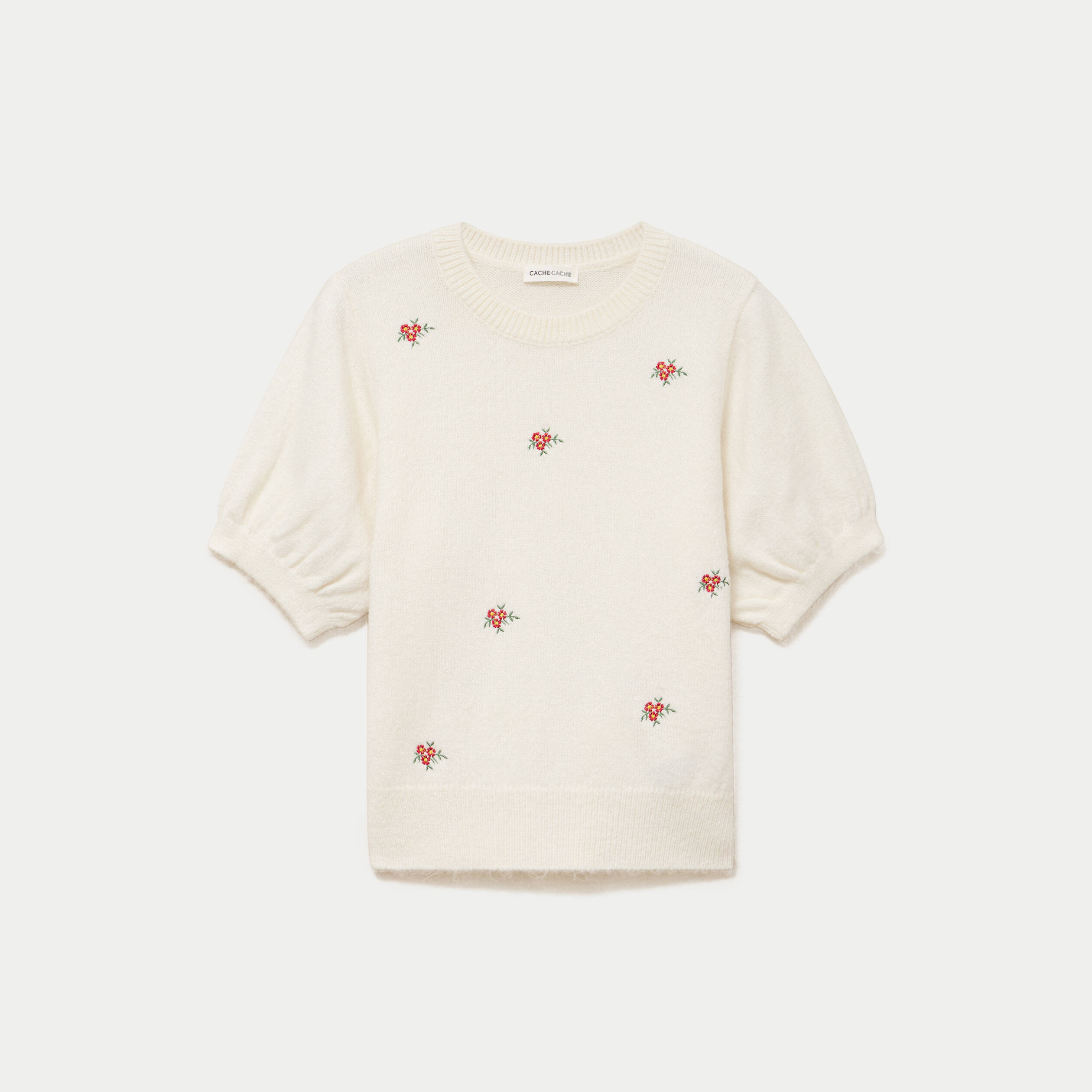 Pull col rond manches courtes brod&eacute; ecru femme