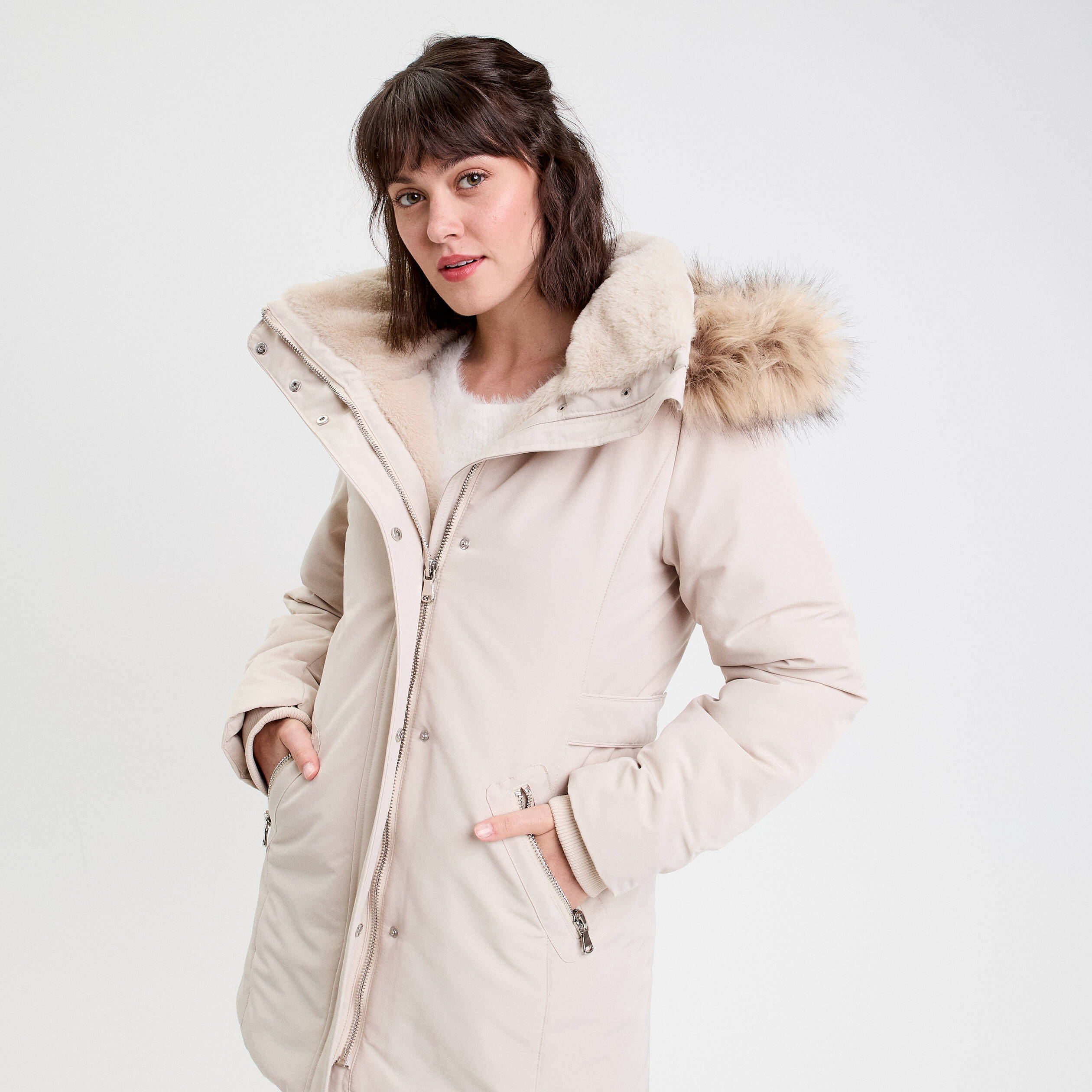 Parka &agrave; capuche fausse fourrure ecru femme