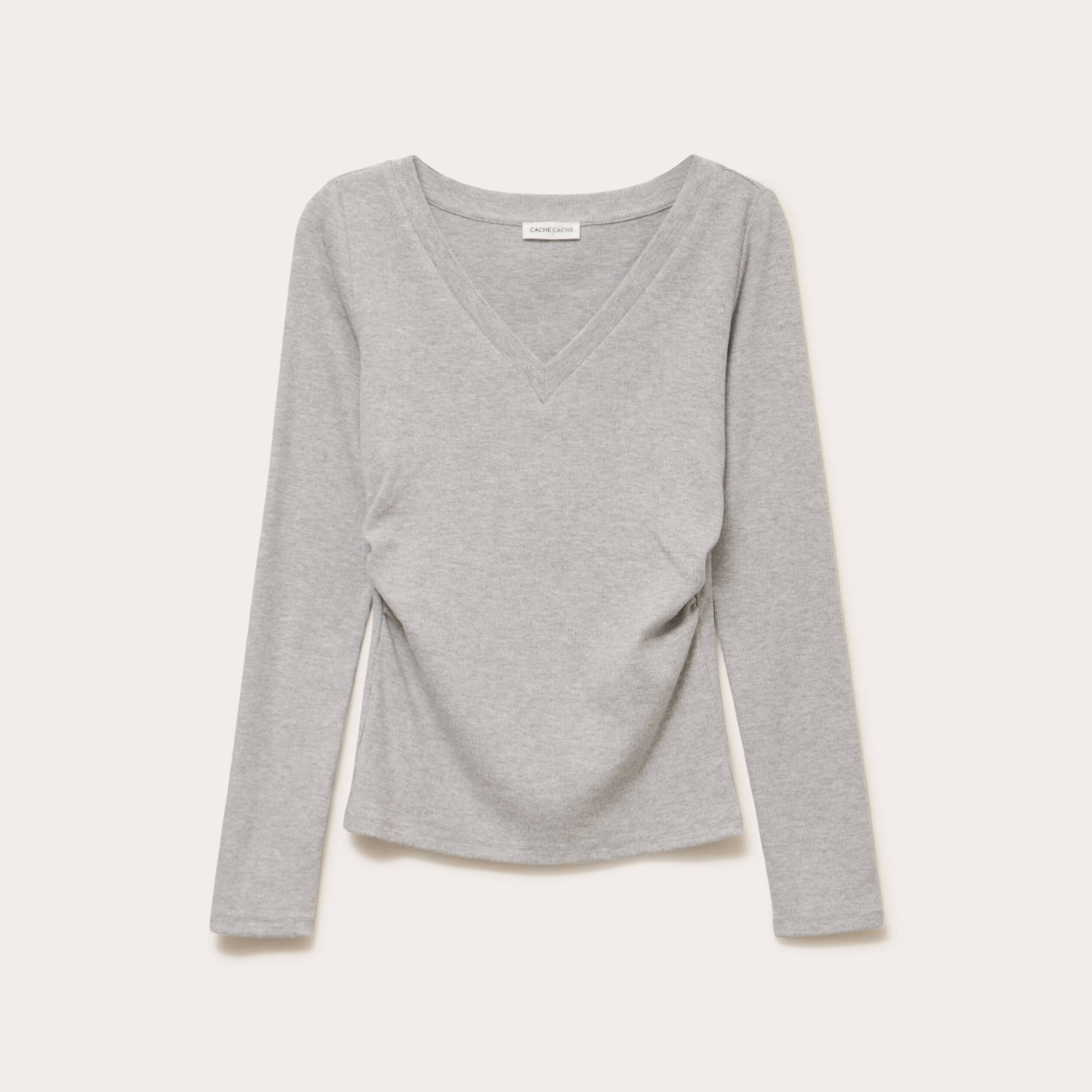 Top ajust&eacute; col v manches longues gris clair femme