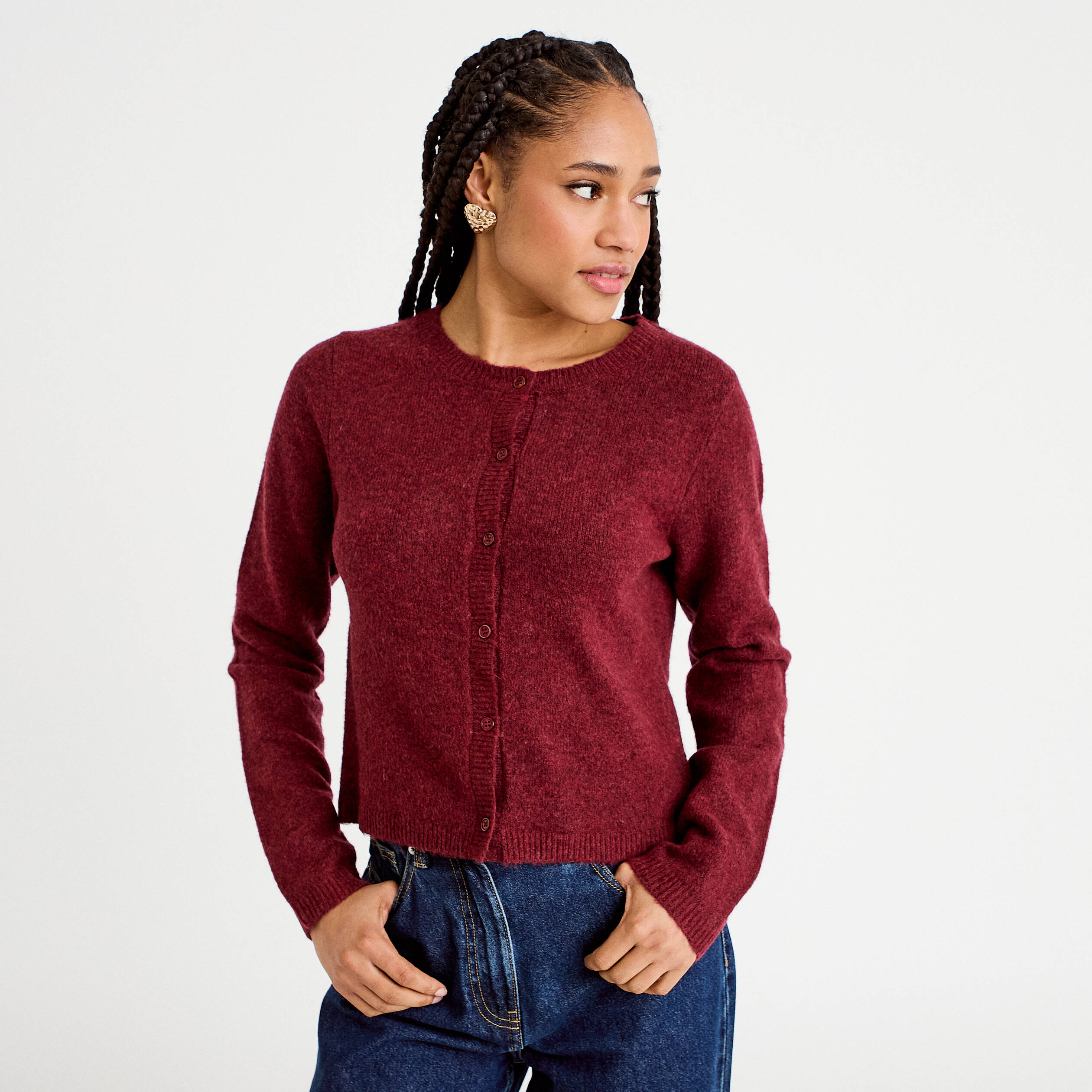 Gilet boutonn&eacute; manches longues rouge fonc&eacute; femme