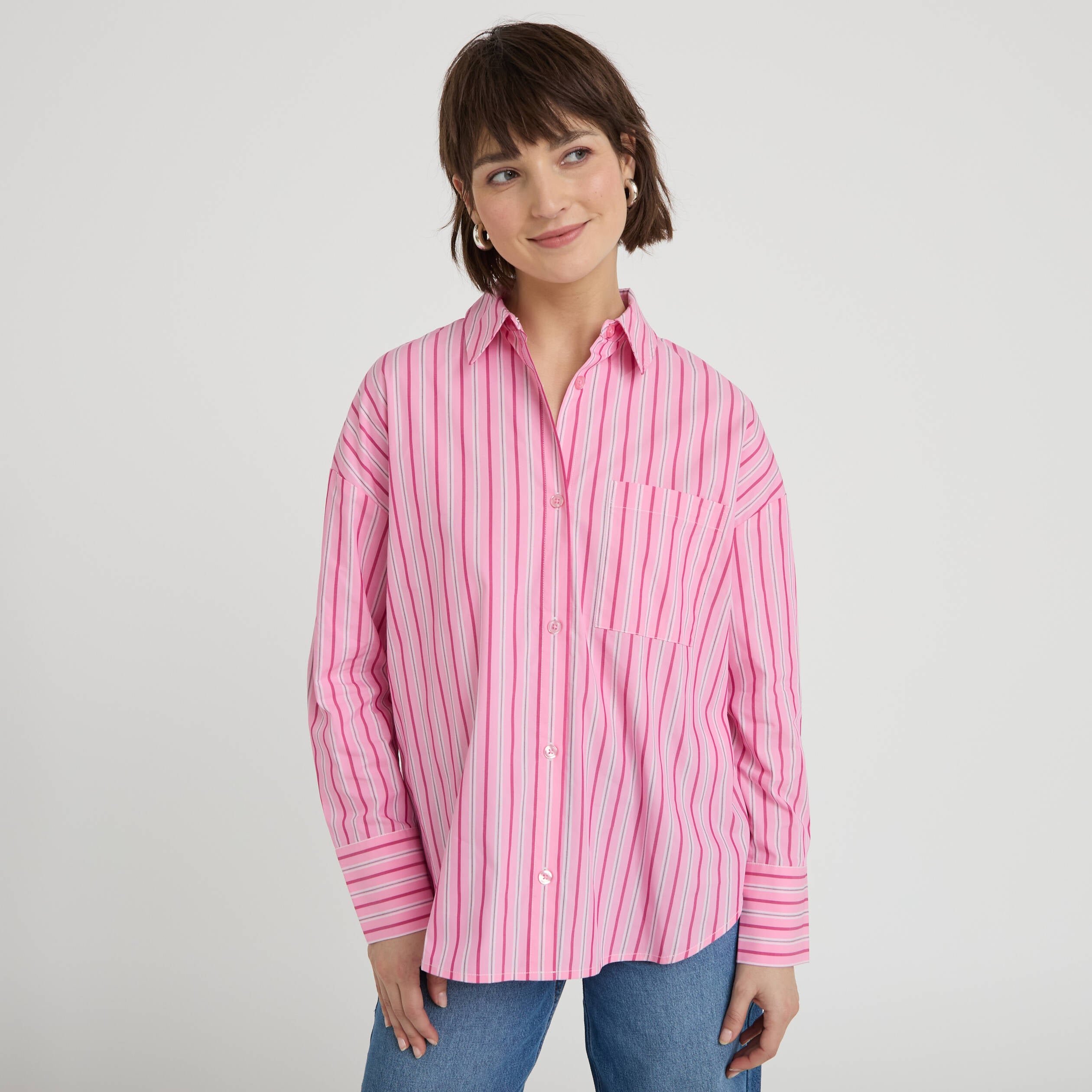 Chemise oversize col classique rose vif femme