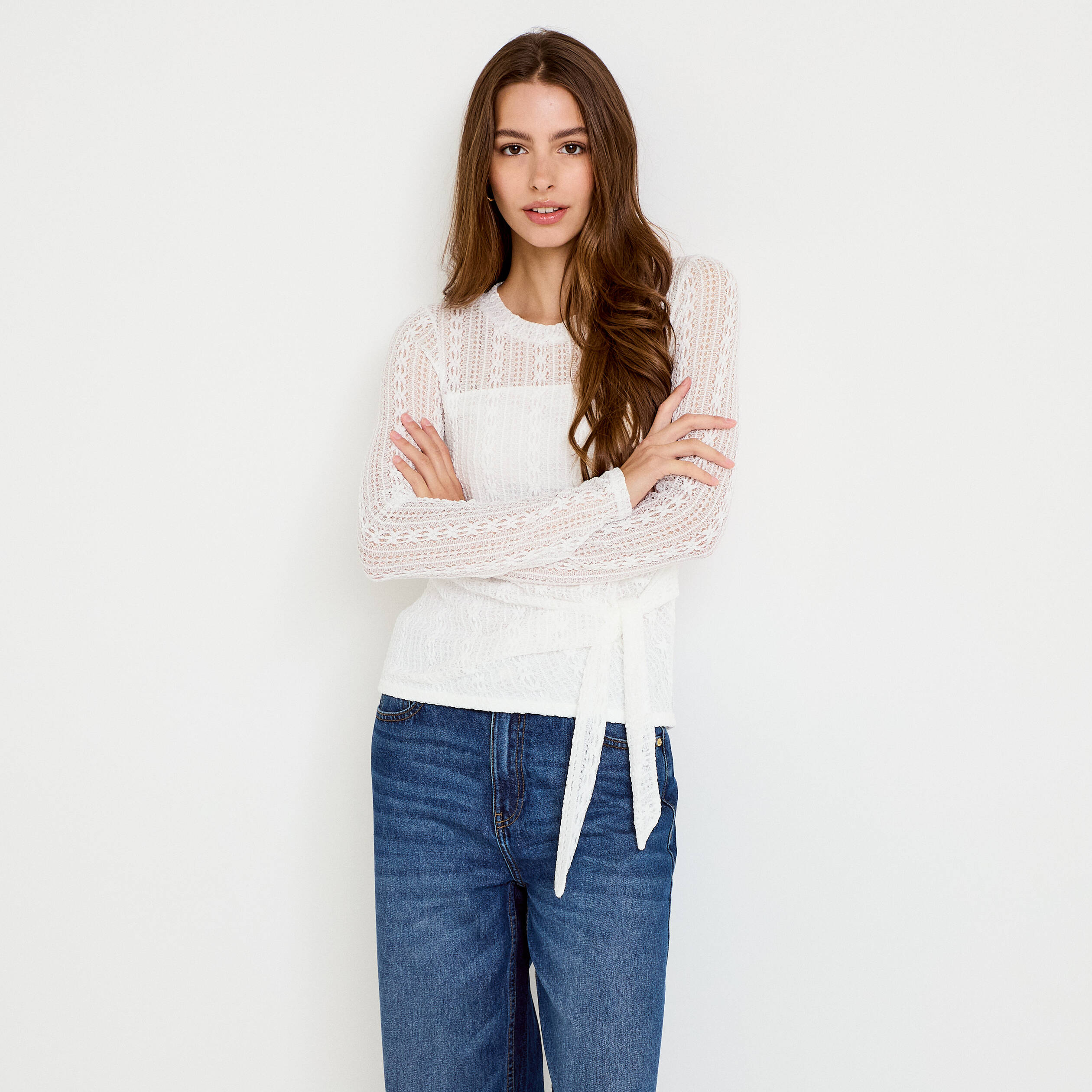 Top droit manches longues dentelle ecru femme