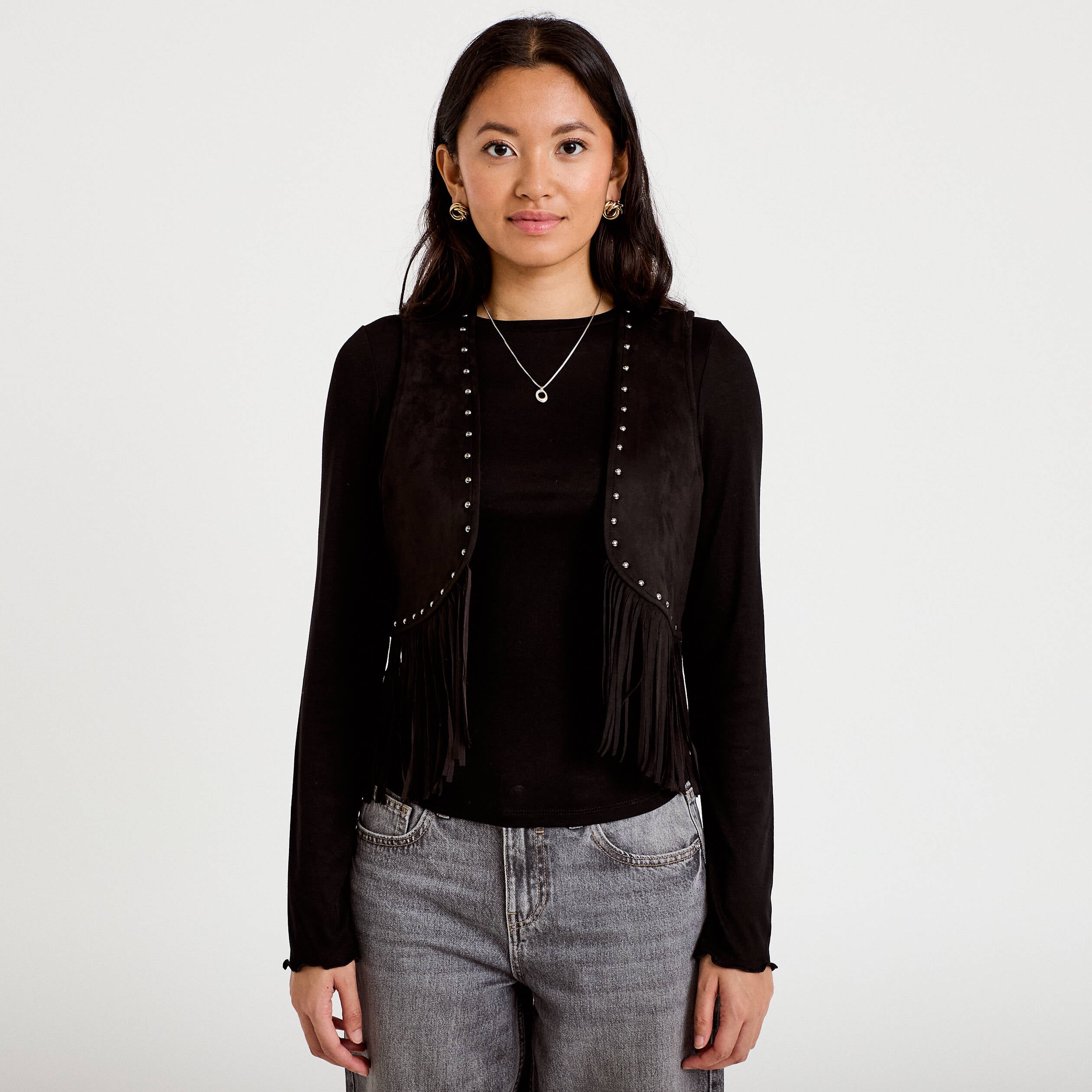 Gilet droit sans manches aspect daim noir femme