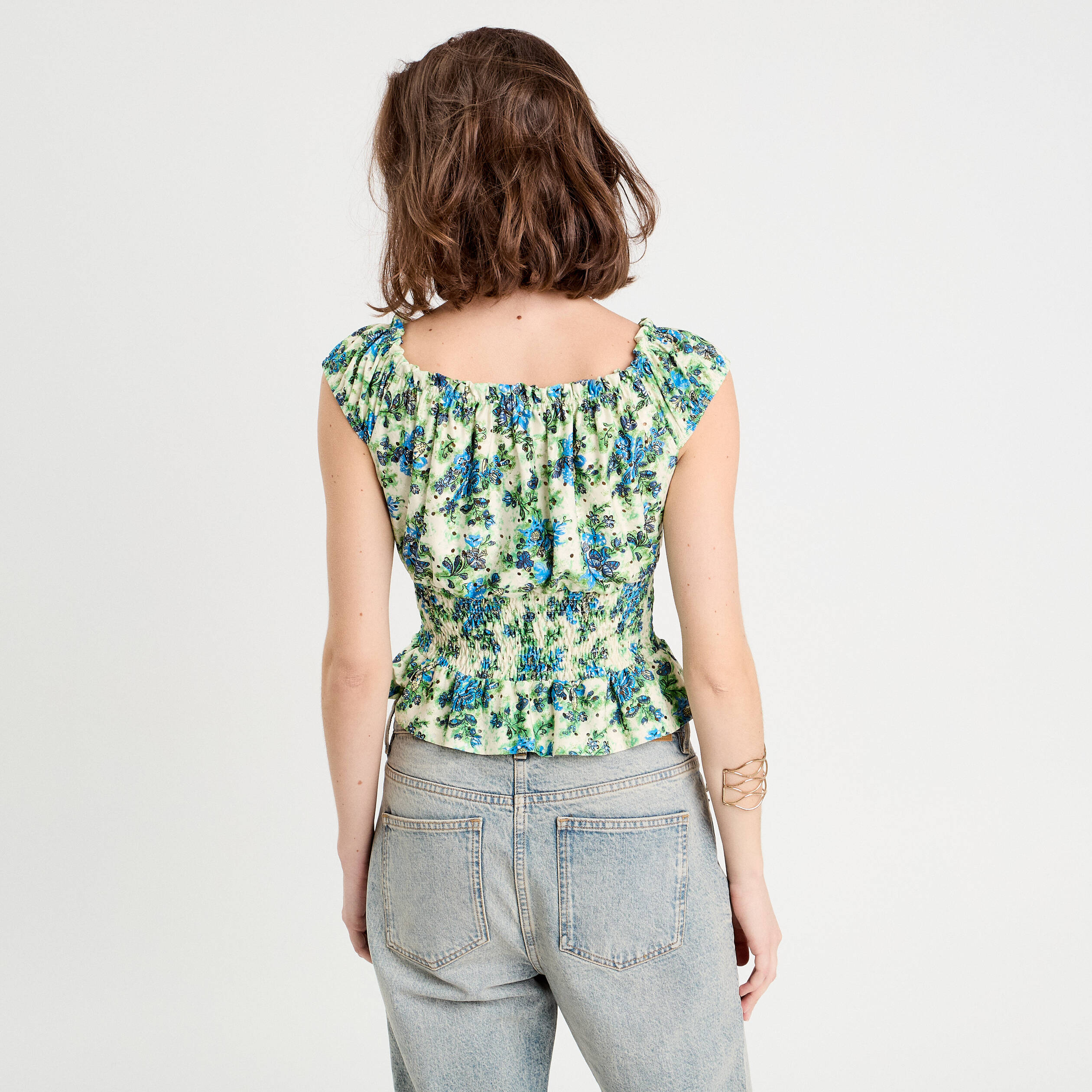 Blouse smock&eacute;e manches courtes blanc femme