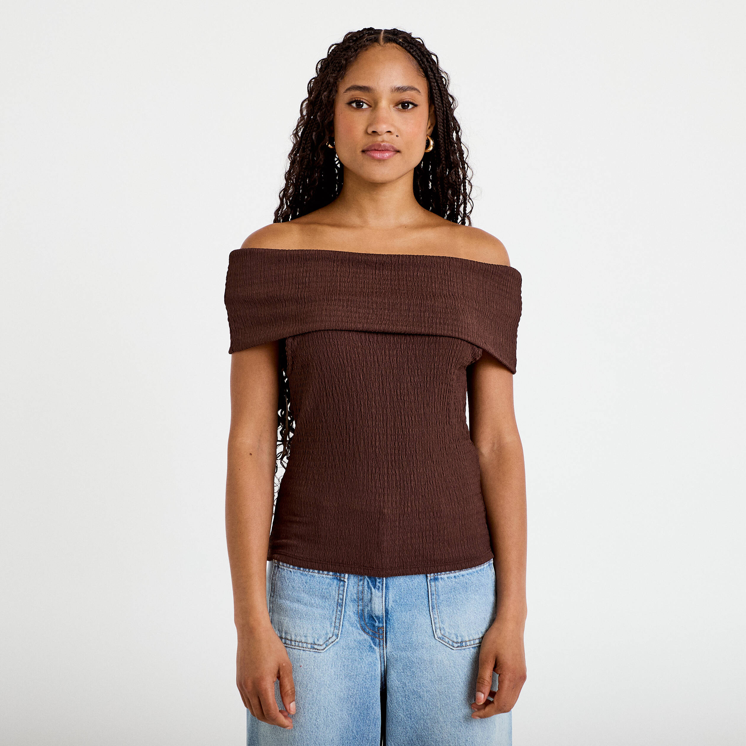 Top col bardot marron fonc&eacute; femme