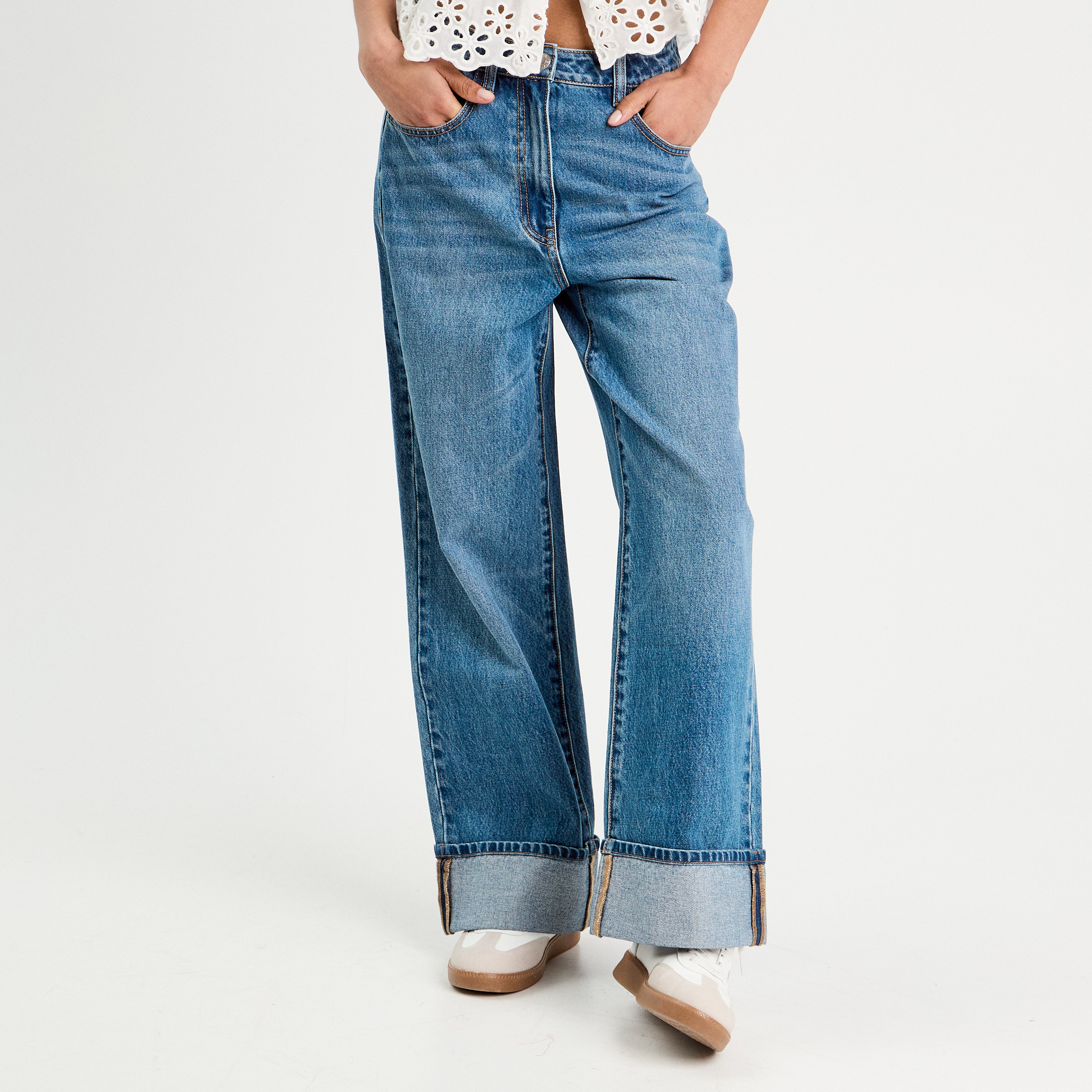 Jeans droit avec ourlets denim double stone femme