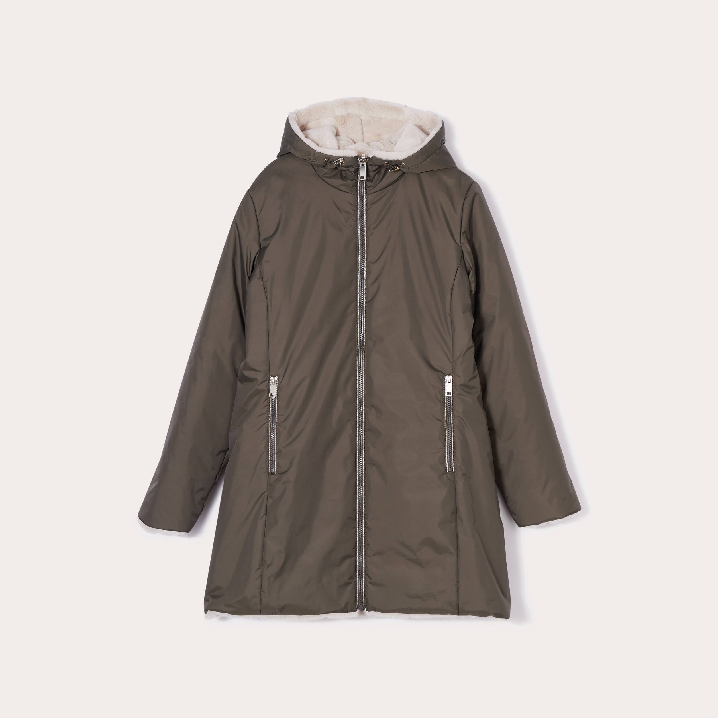 Parka r&eacute;versible &agrave; capuche vert kaki femme