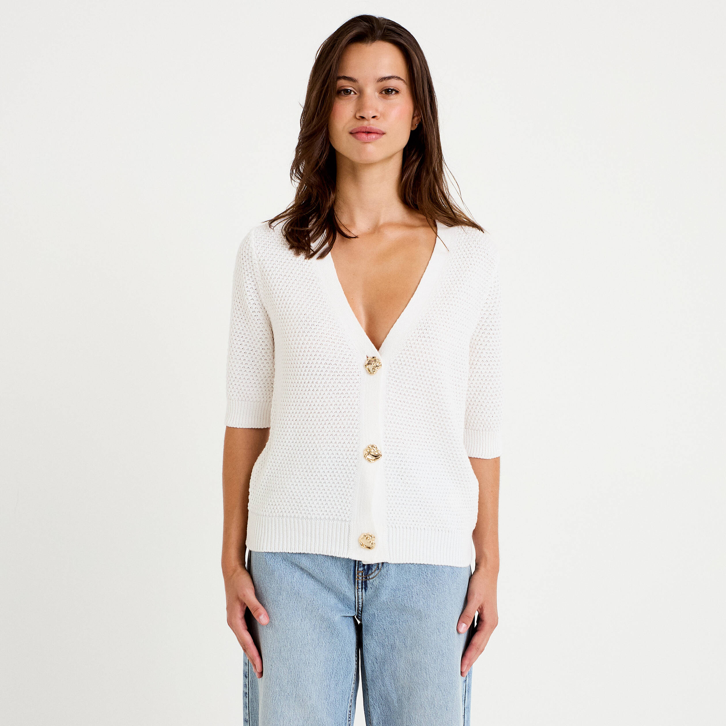 Gilet col v manches courtes ecru femme
