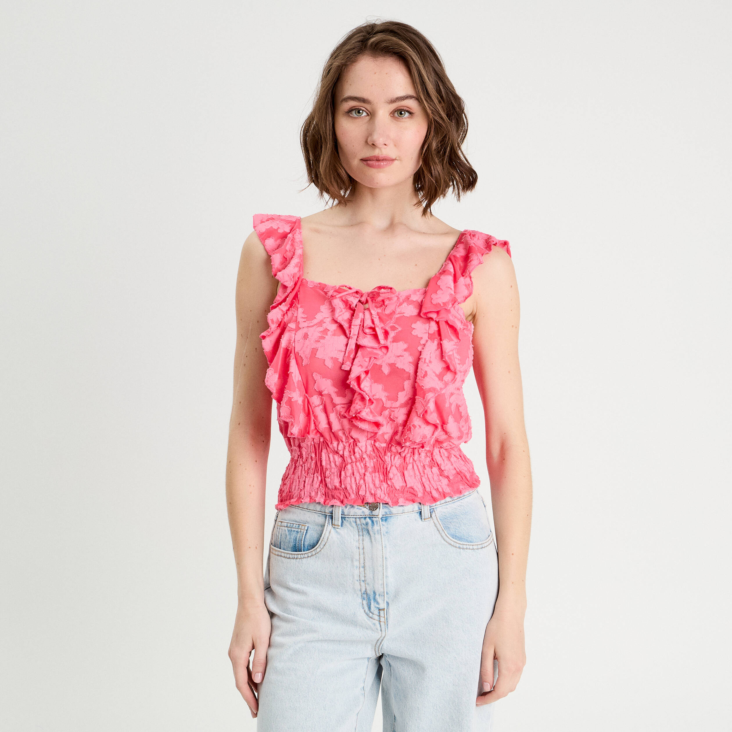debardeur sans manches volants rose femme Débardeur sans manches volants rose femme