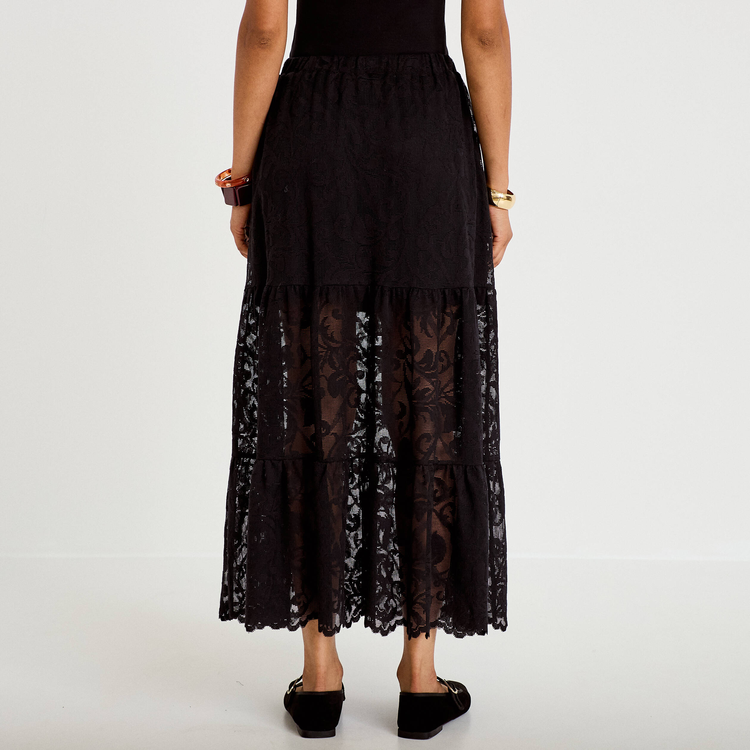 Jupe &eacute;vas&eacute;e longueur 3/4 dentelle noir femme