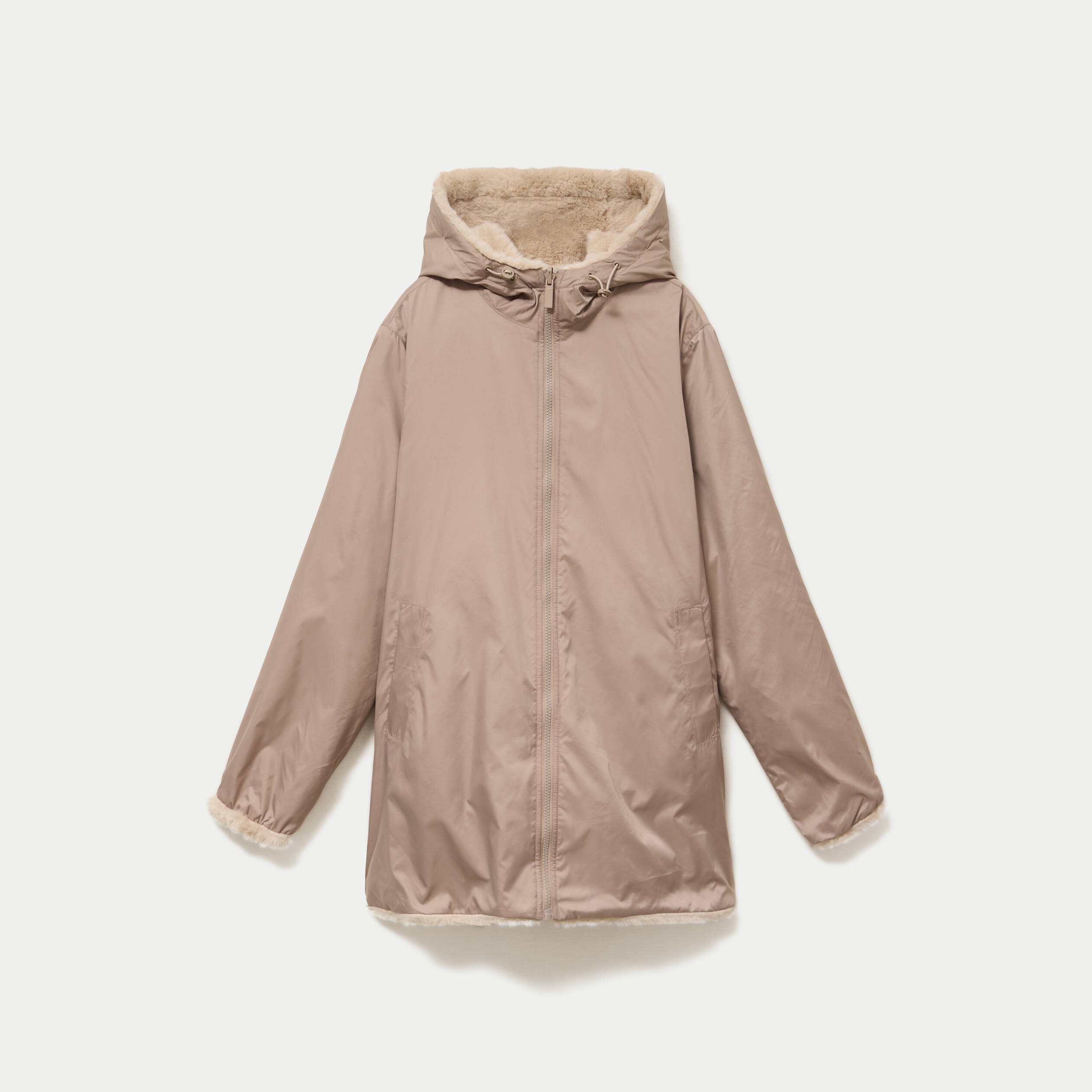 Parka r&eacute;versible 3/4 &agrave; capuche beige femme