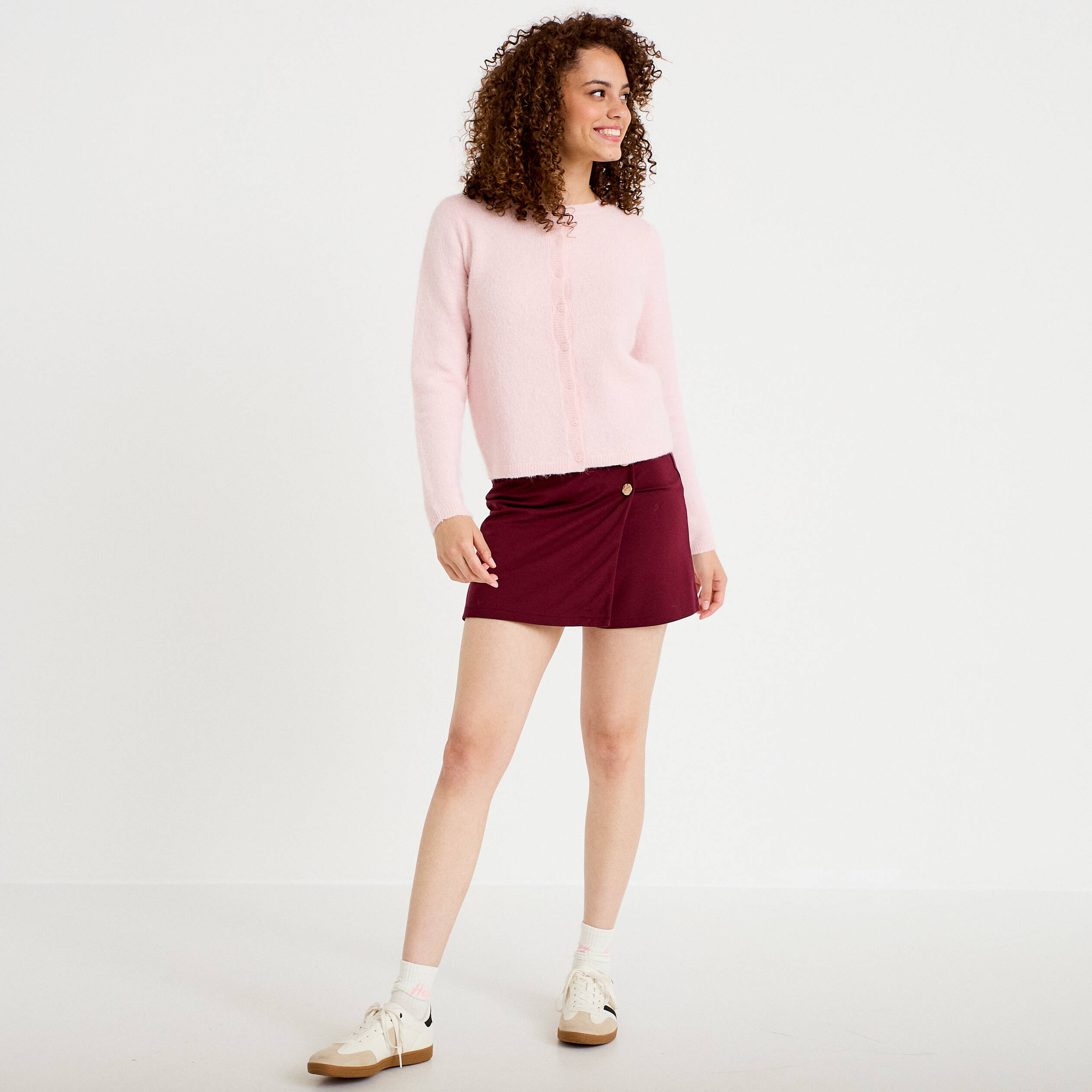 Jupe-short trap&egrave;ze en maille bordeaux femme