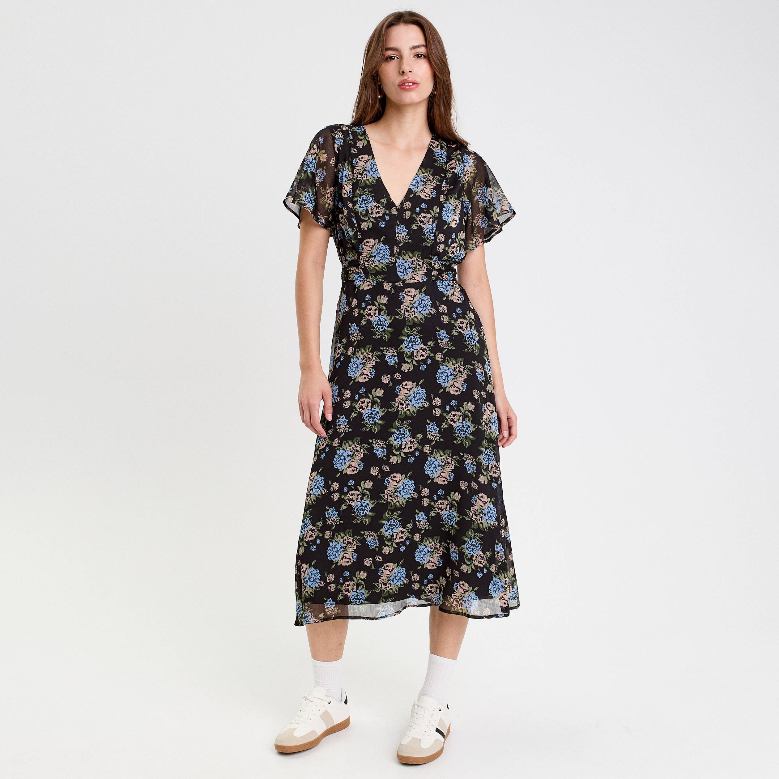 robe evasee col v manches courtes noir femme Robe évasée col v manches courtes noir femme