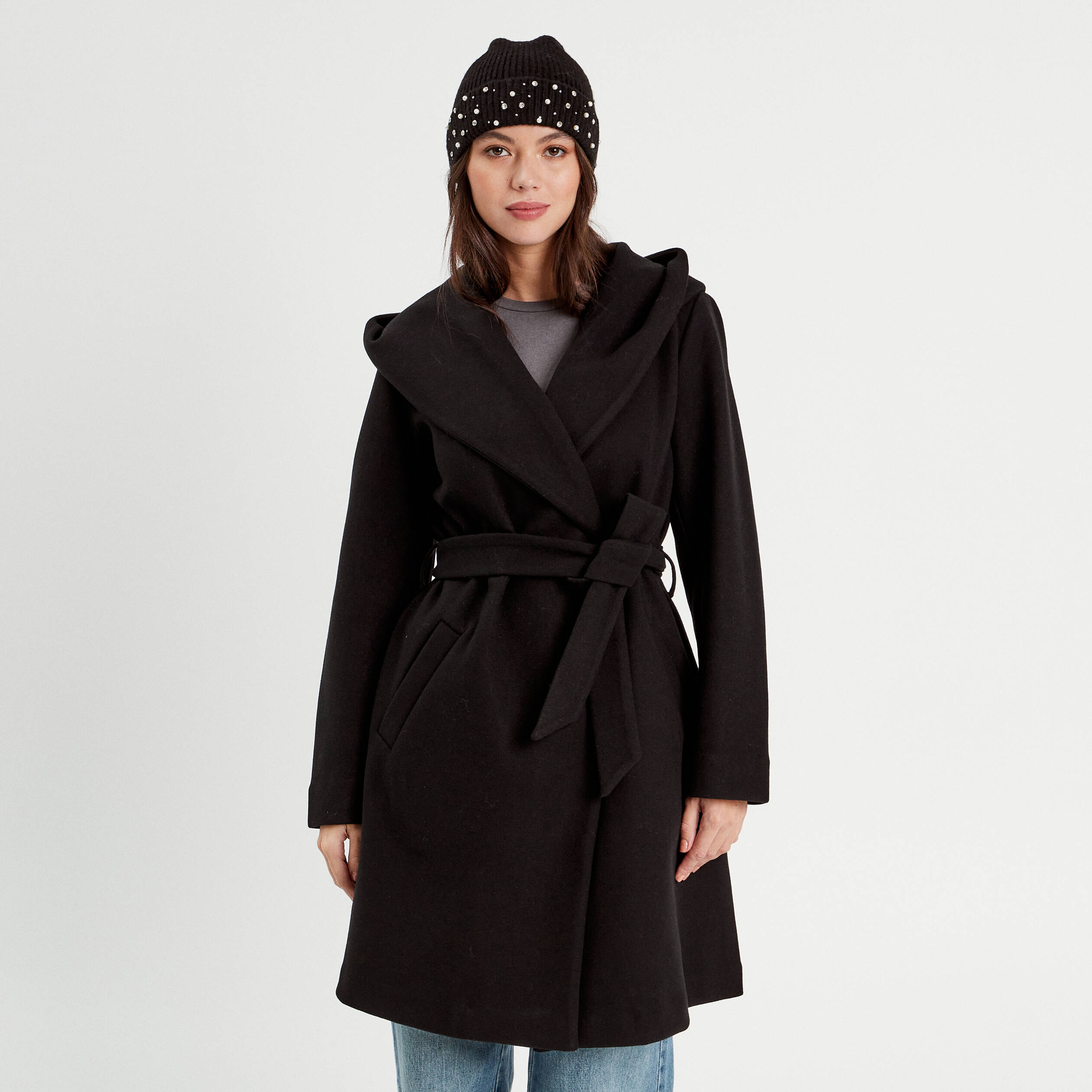 manteau ceinture a capuche noir femme Manteau ceinturé à capuche noir femme