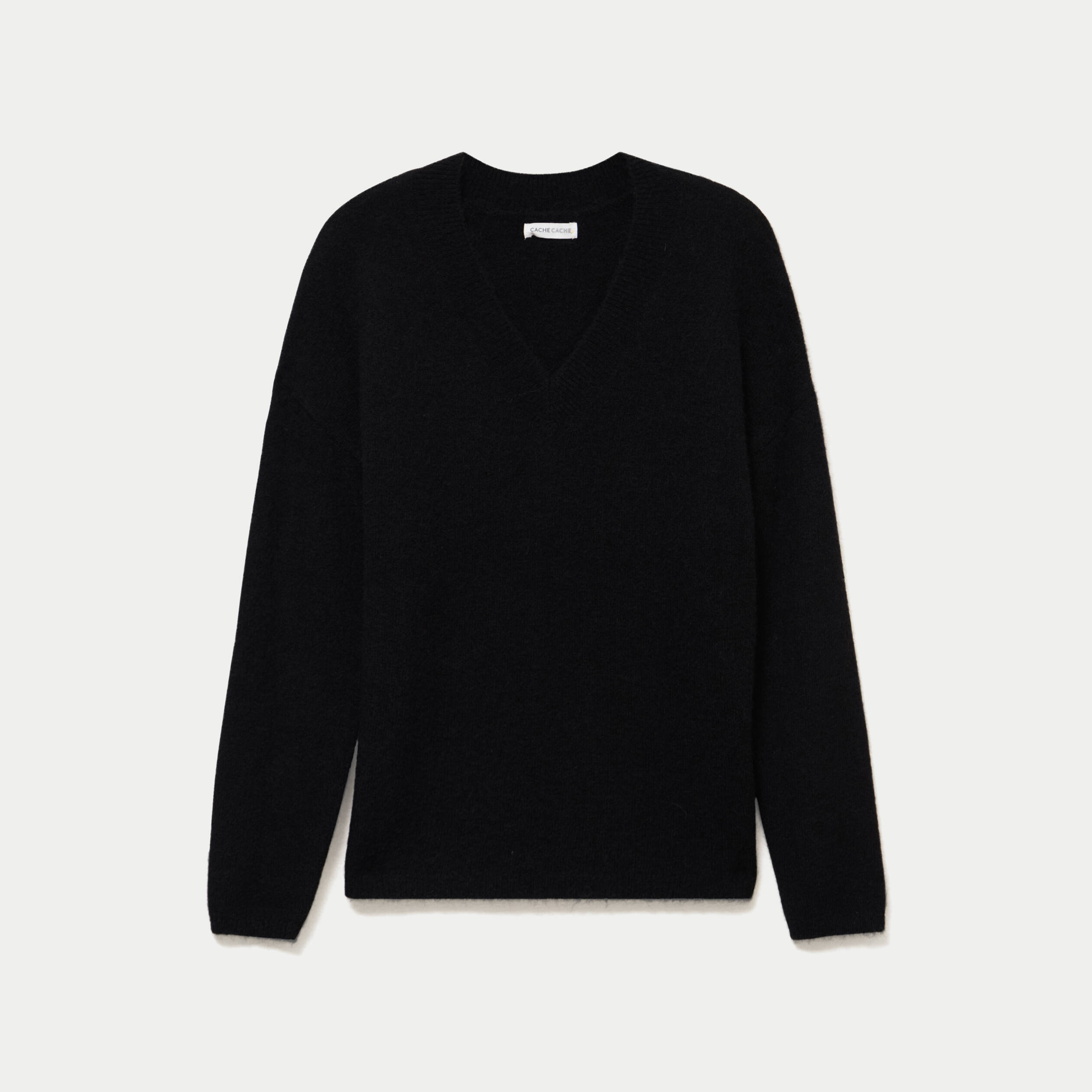 Pull col v manches longues noir femme