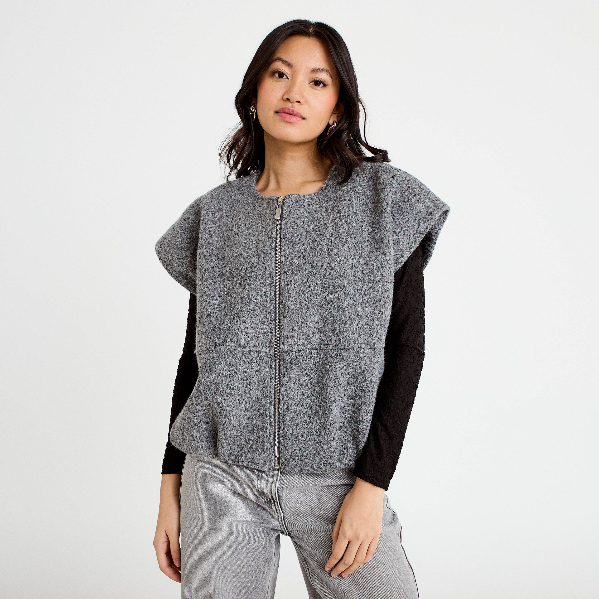 Gilet oversize sans manches col rond gris clair femme