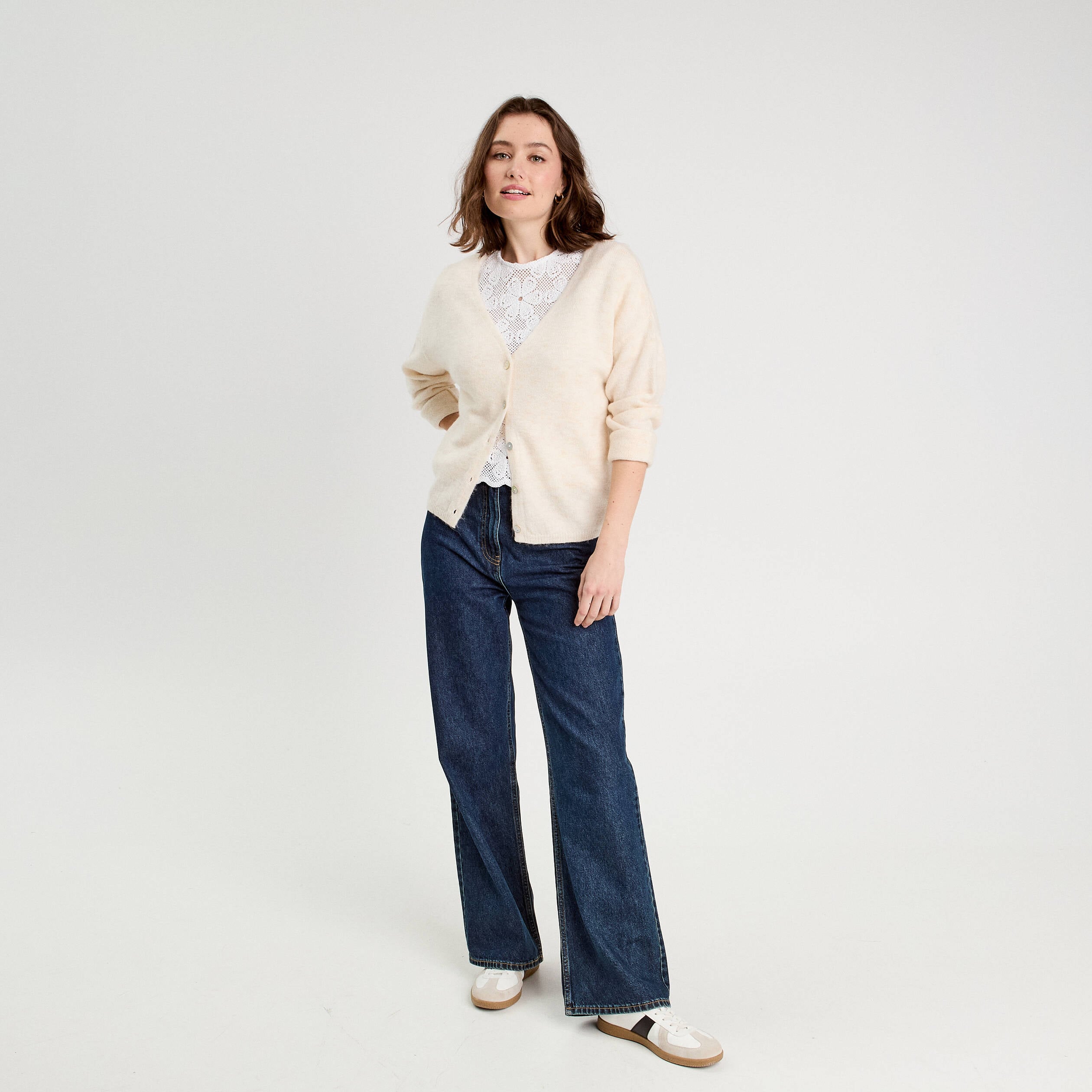 T-shirt dentelle macram&eacute; blanc femme