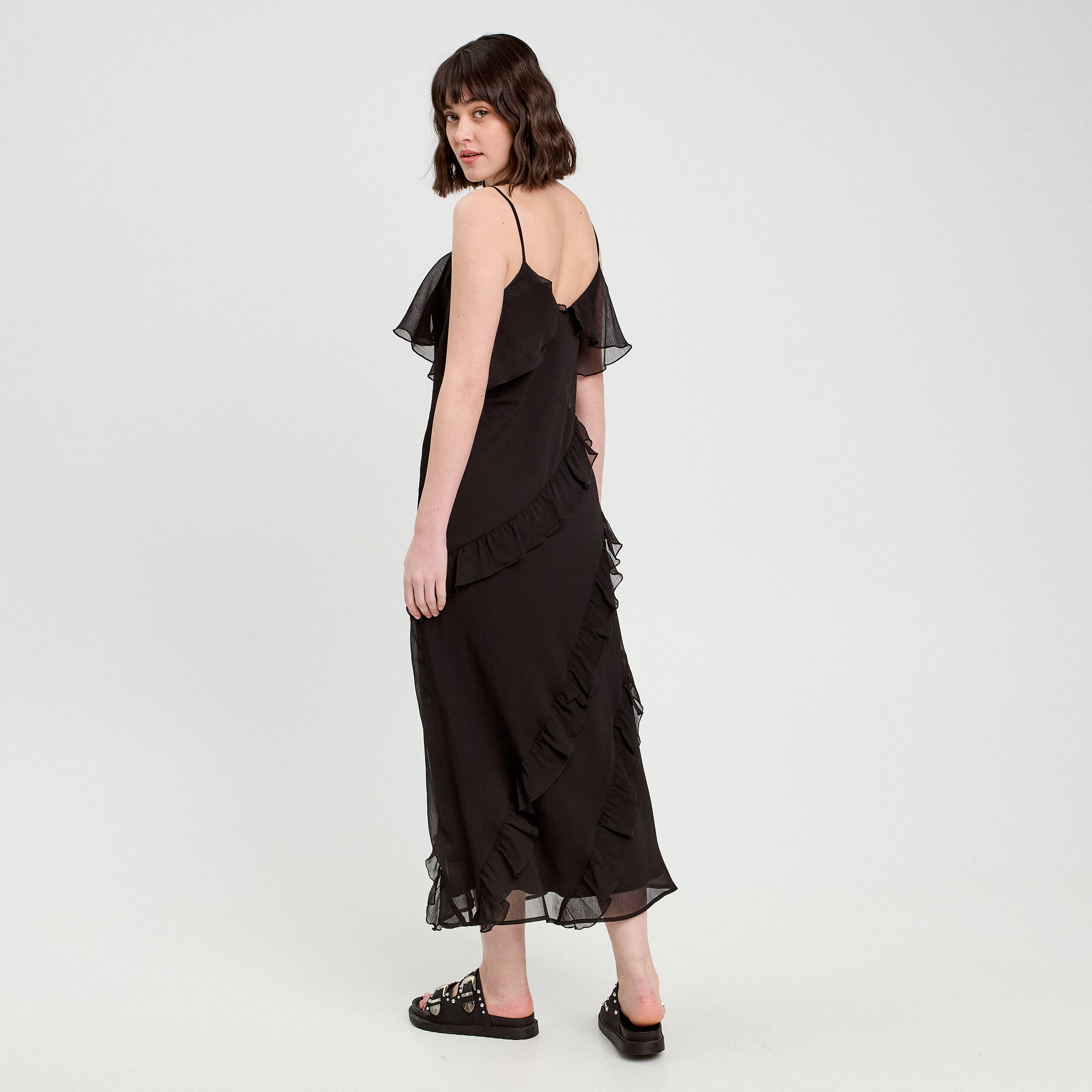 robe longue droite volants noir femme Robe longue droite volants noir femme