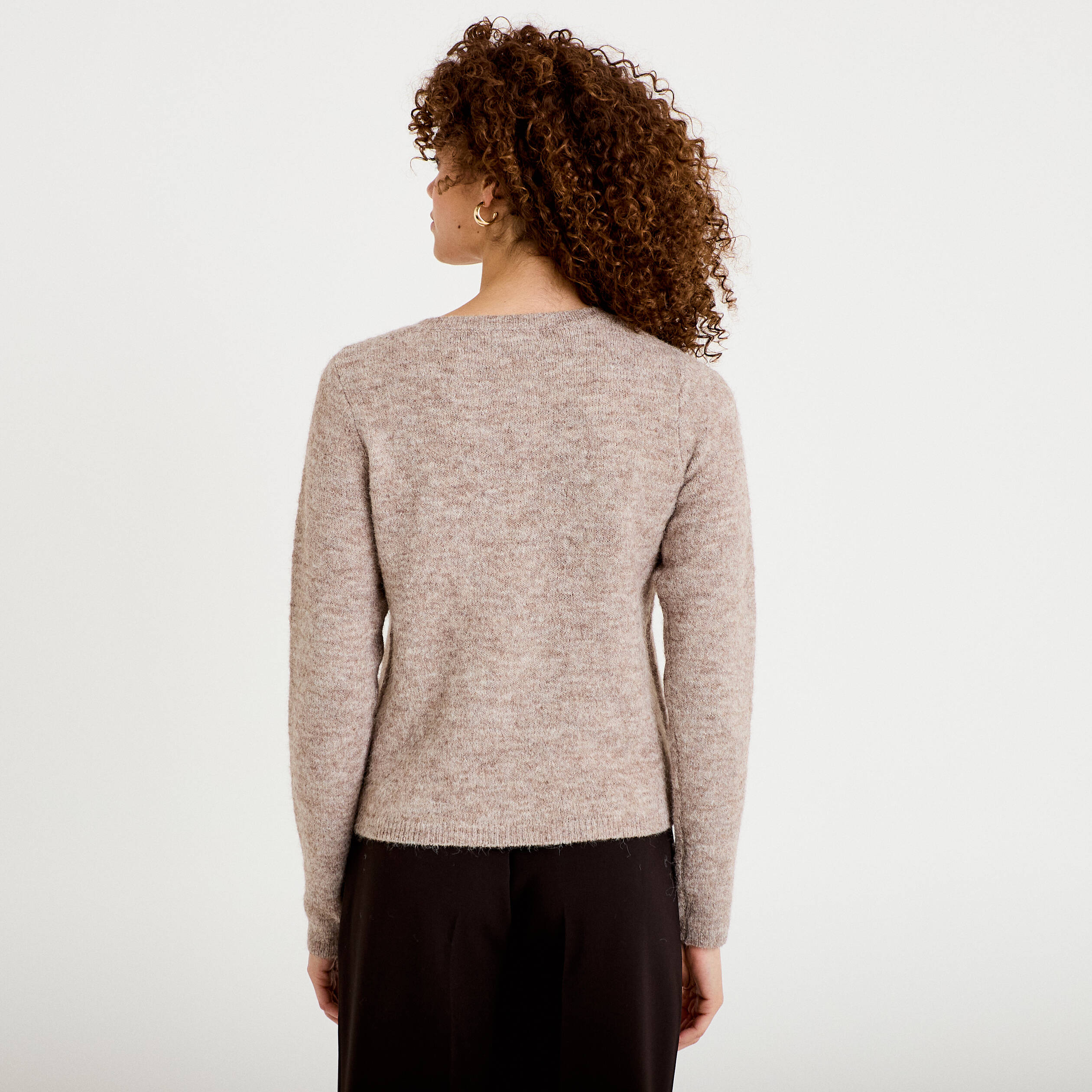 Gilet col rond manches longues taupe femme