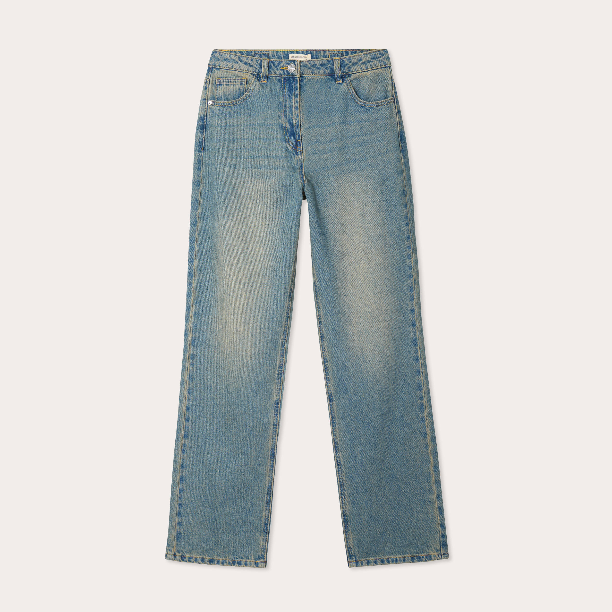 Jeans droit sangle arri&egrave;re denim bleach femme