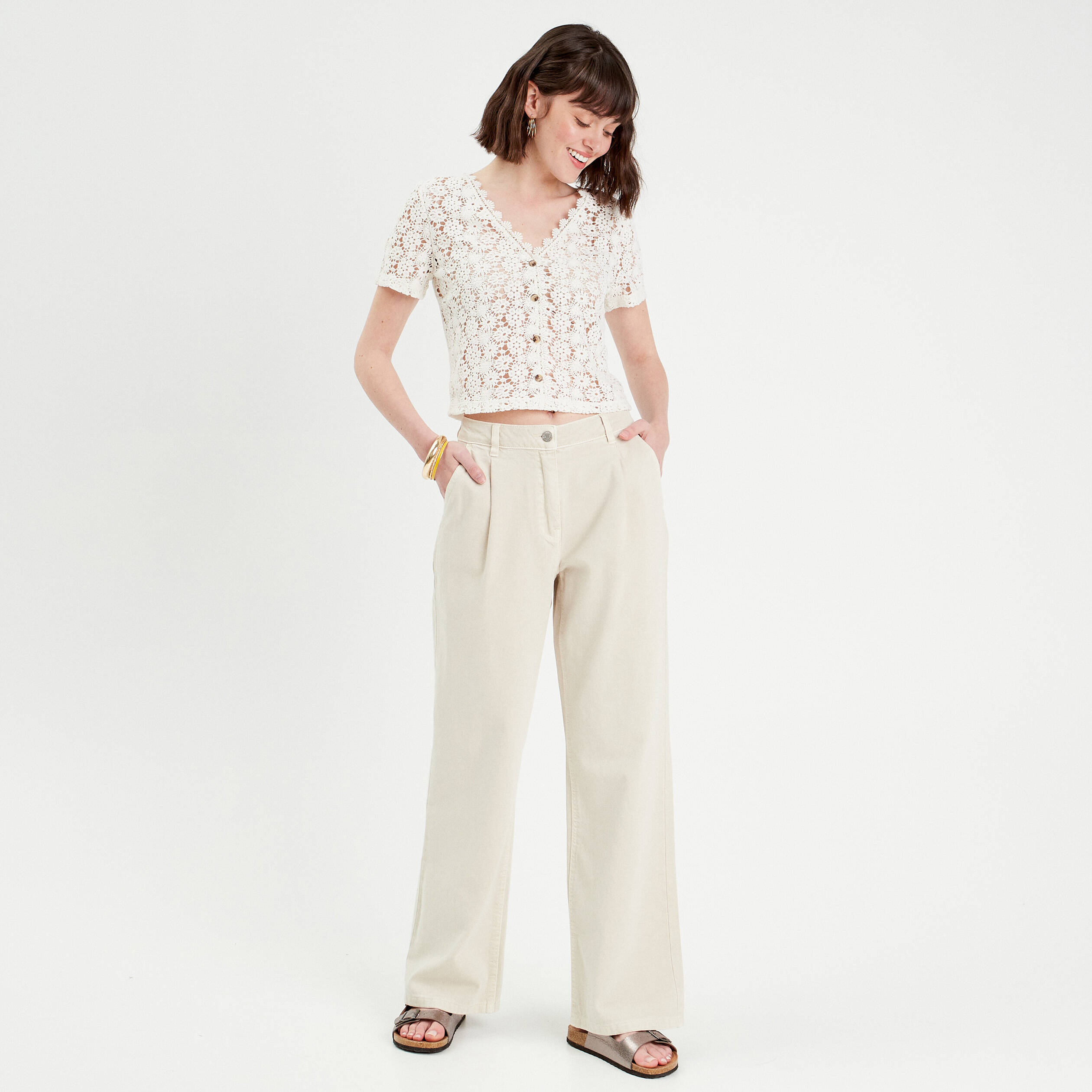 top macrame boutonne ecru femme Top macramé boutonné ecru femme