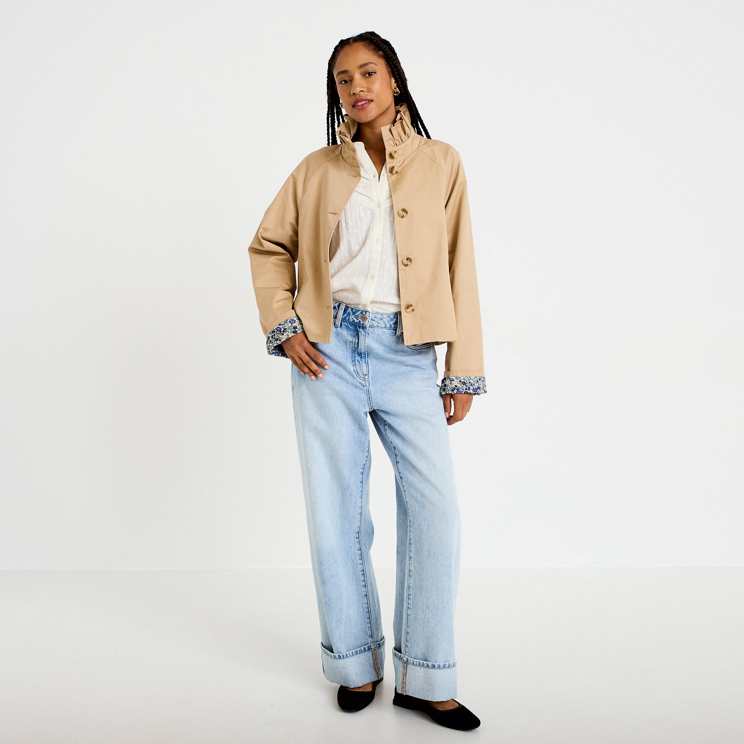 Veste droite col montant manches longues beige femme