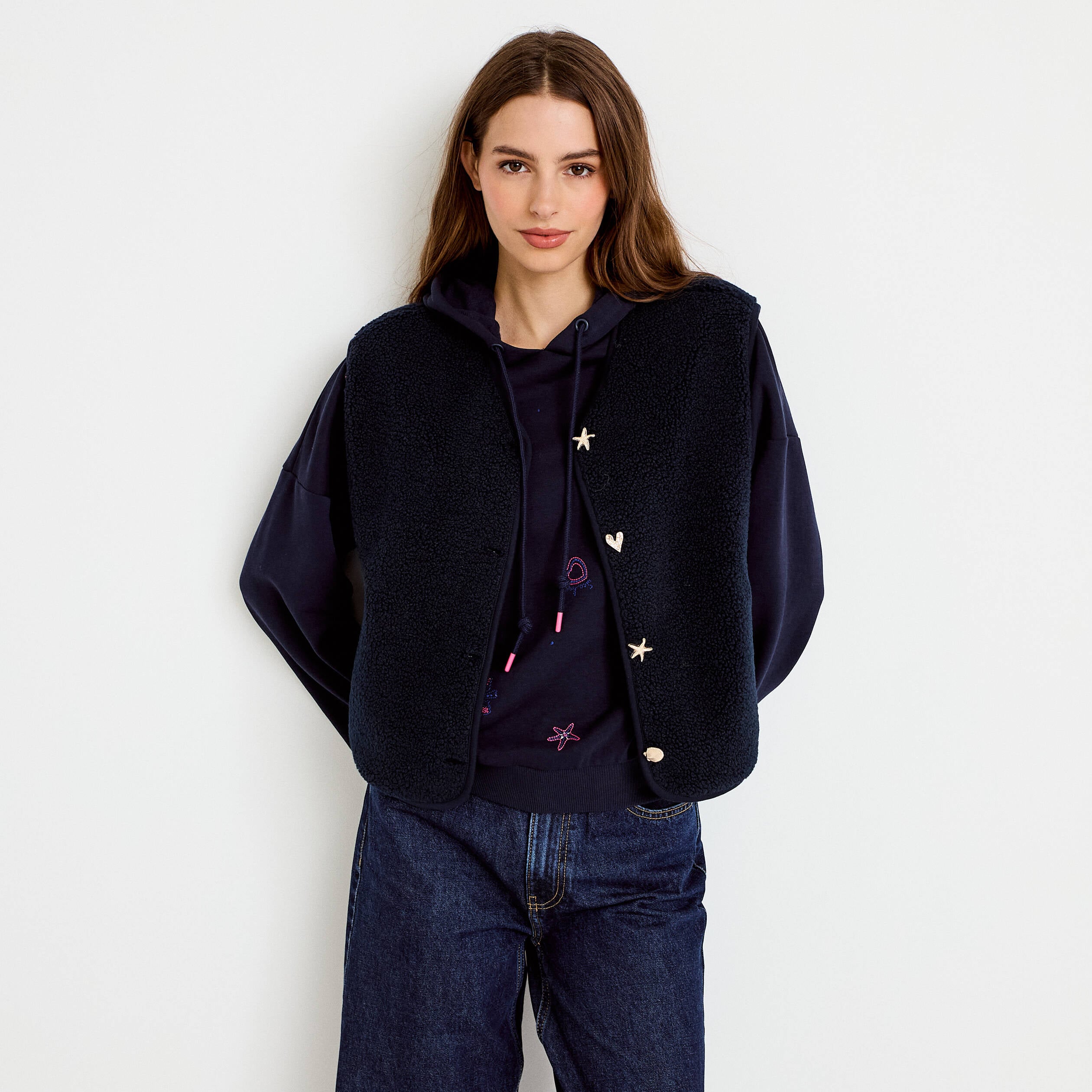 Gilet sans manches effet polaire col v bleu marine femme