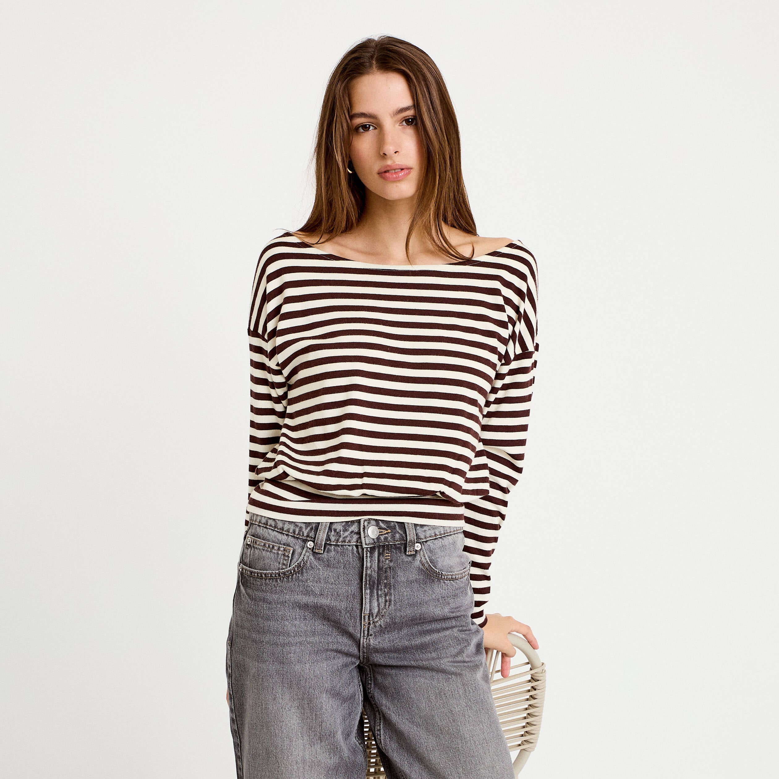 Pull col bateau manches longues blanc femme