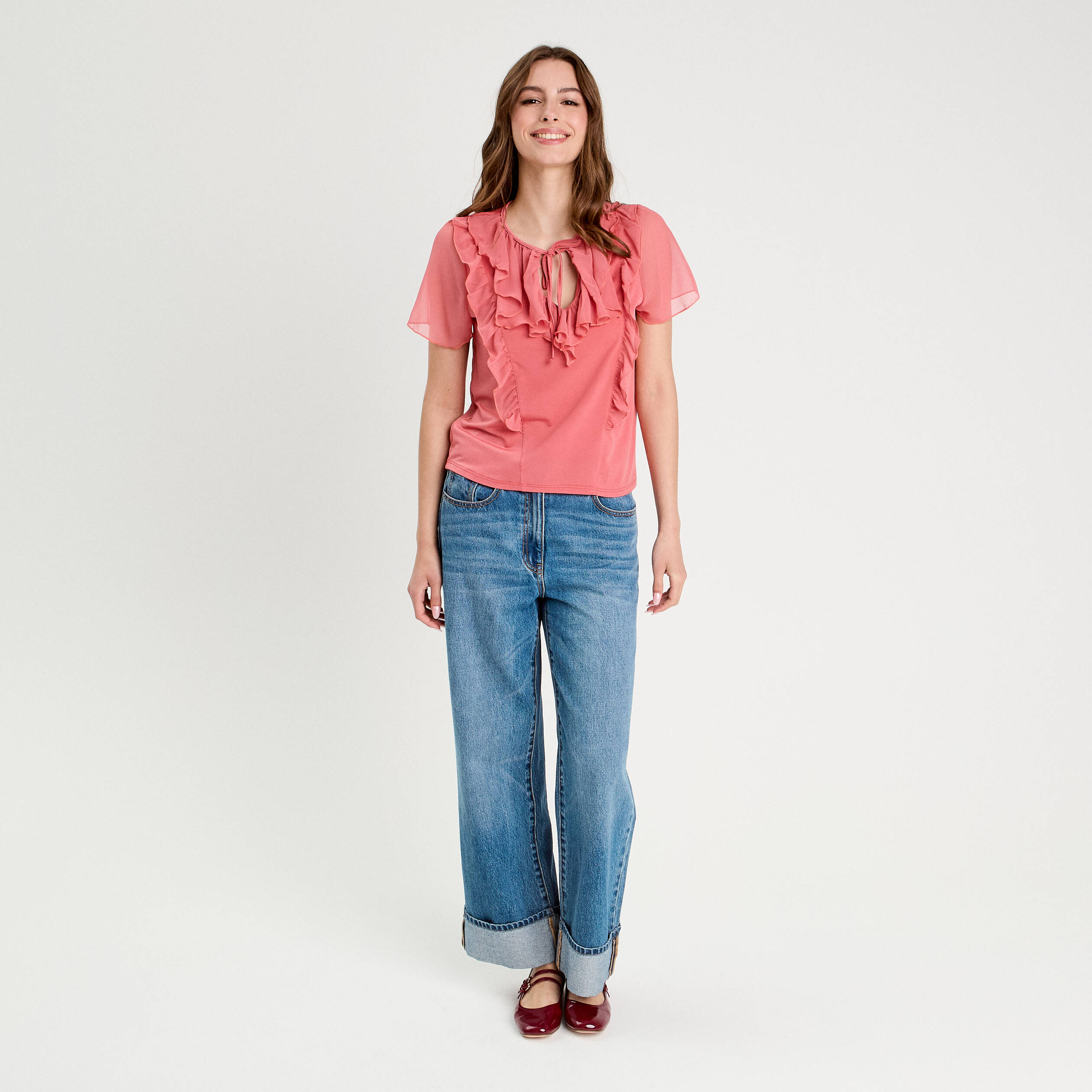 Blouse volants rose pastel femme