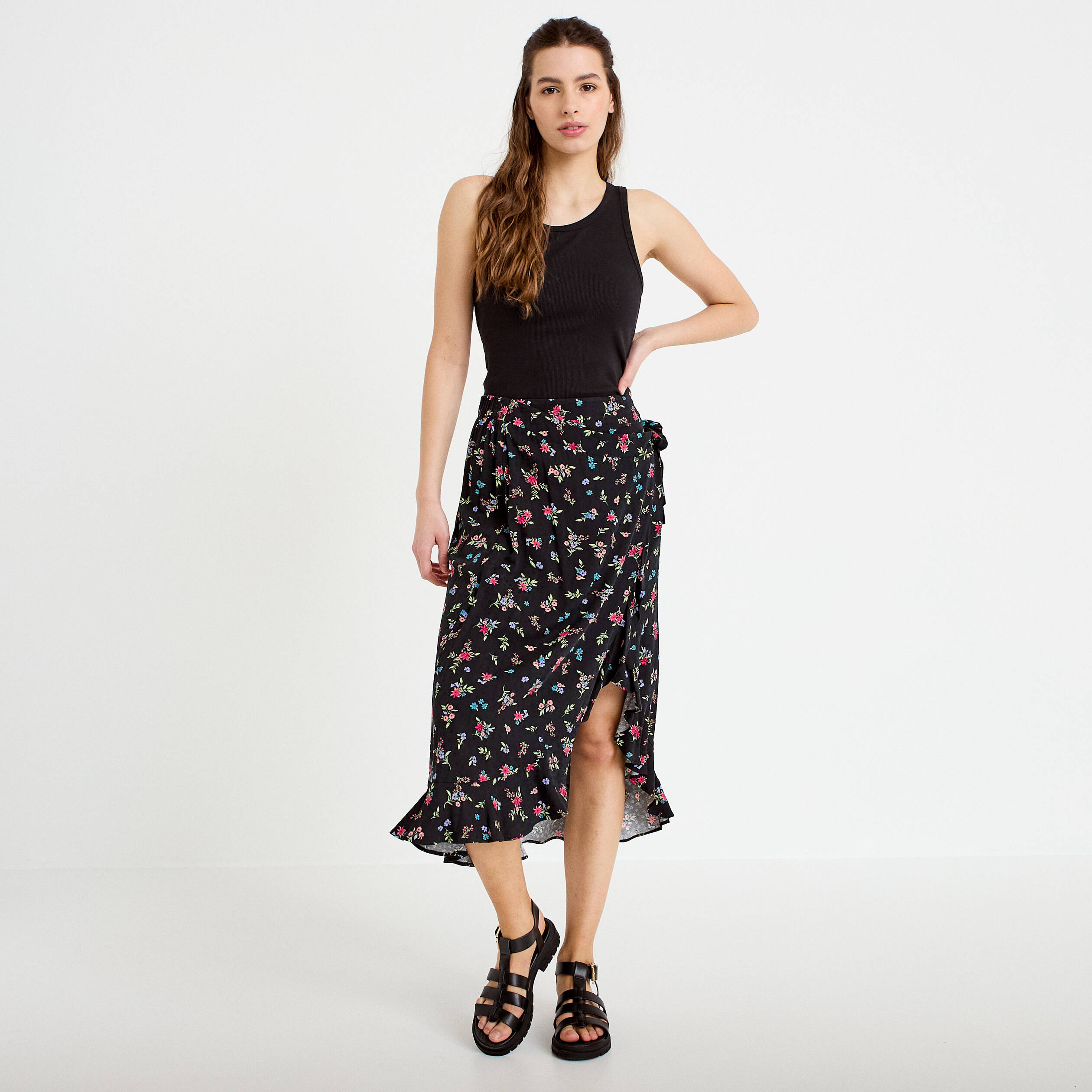 Jupe longue portefeuille noir femme